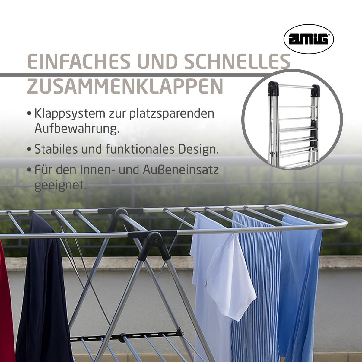 Amig - Klappbarer Wäscheständer mit Flügeln Mod. Aeria UrbanDry - Aluminium und Stahl - Wäschetrockner - Einfaches Auf- und Zusammenklappen - 15m Trockenfläche - 145x60x95 cm - Farbe Silber/Schwarz
