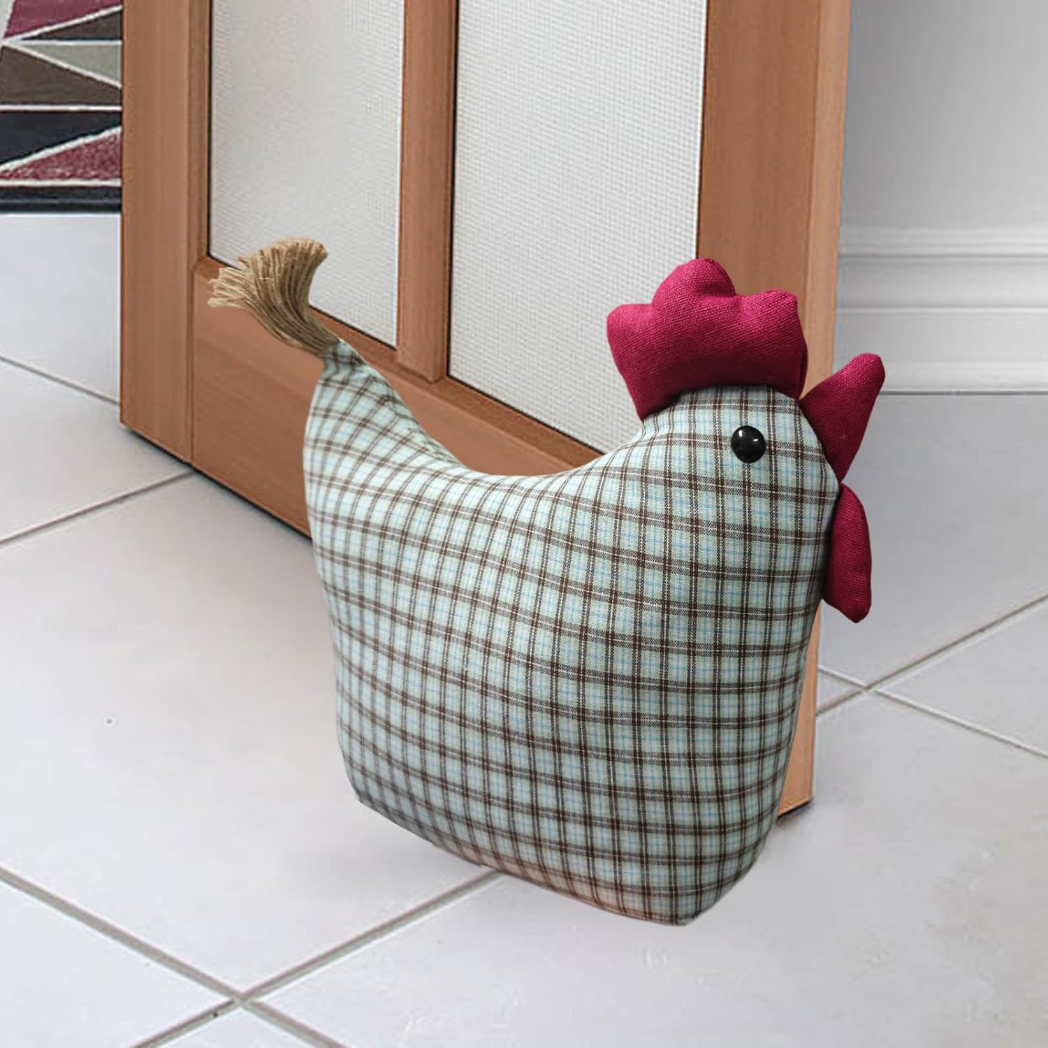 Decorative Rooster Door Stopper, 11 Inch Chicken Stuffed Animal Door Stop, Striped Gingham Shirt Design with Welcome Home Sign Chicken Birthday Gift (Khaki)