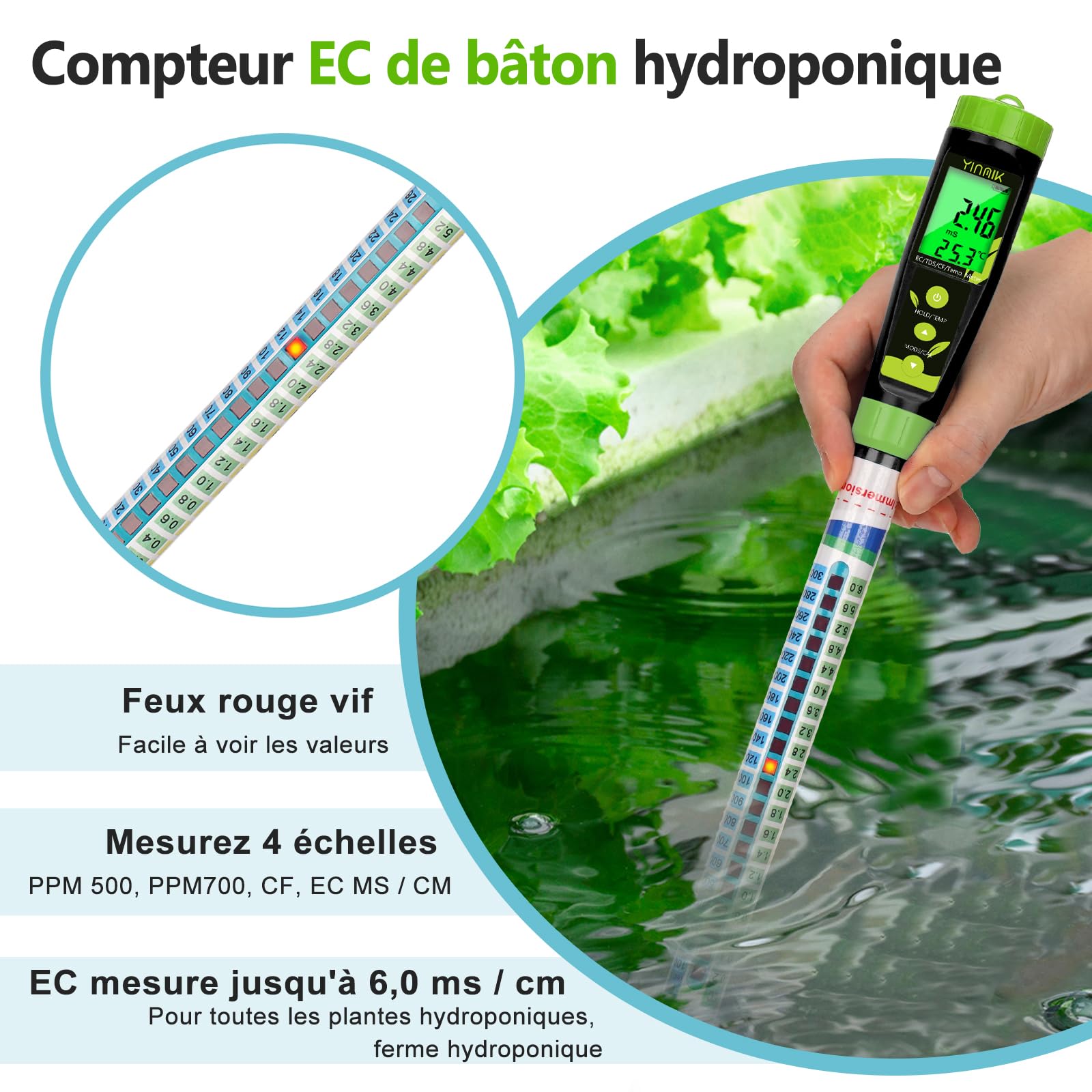 YINMIK Probador de EC TDS, Medidor de Conductividad Hidropónica Digital, Medidor de TDS para Agua de Pozo Jardín y Estanque Koi, Medidor de PPM 5 en 1 (EC, PPM 500, PPM 700, CF, Temp)