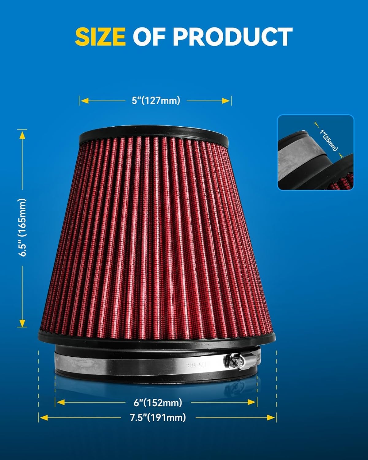 PHILTOP Universal Clamp-On Air Intake Filter, RU-1042 Premium, Washable, Replacement Filter, Flange Diameter: 6 In, Filter Height: 6.5 In, Flange Length: 1 In, Shape: Round Tapered