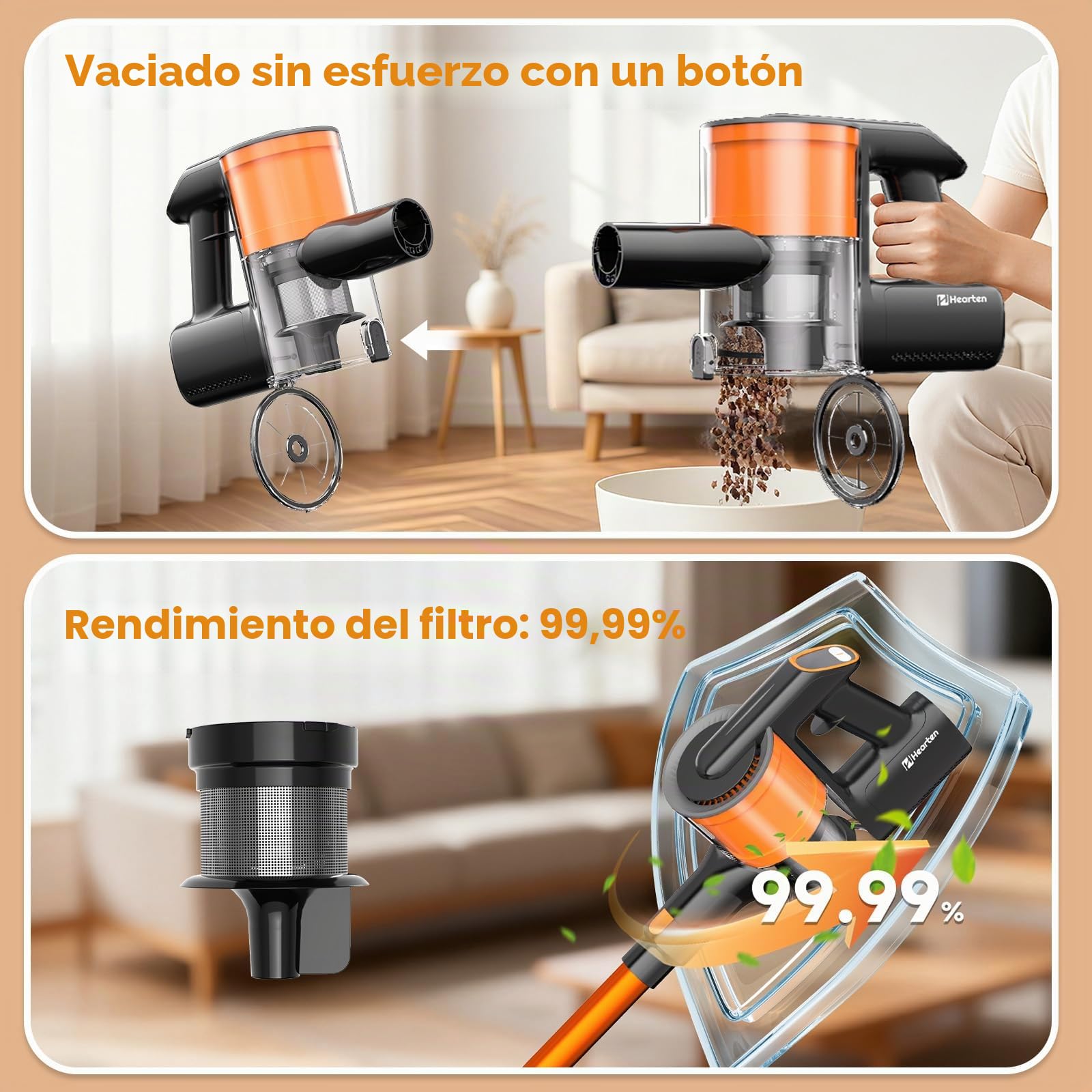 Hearten Aspiradora sin Cable, 48000Pa/450W/60Min, Aspiradora Ligera con Pantalla LED, Cepillo Anti-Enredos V, 60dB Silenciosa, Control One-Touch, para Alfombras, Suelos Duros y Pelo de Mascotas