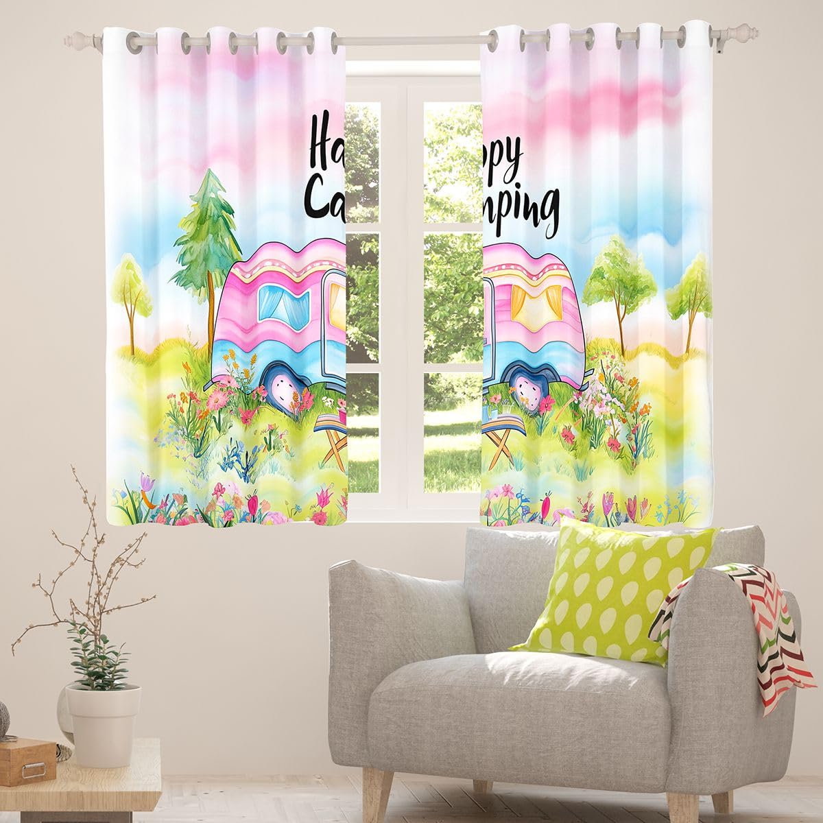 RV Lot de 2 rideaux de fenêtre pour adultes et enfants, taille XL, aquarelle, fermeture éclair, fleurs, bons rideaux occultants, pour les amateurs de camping, les voyages, 245 x 140 cm