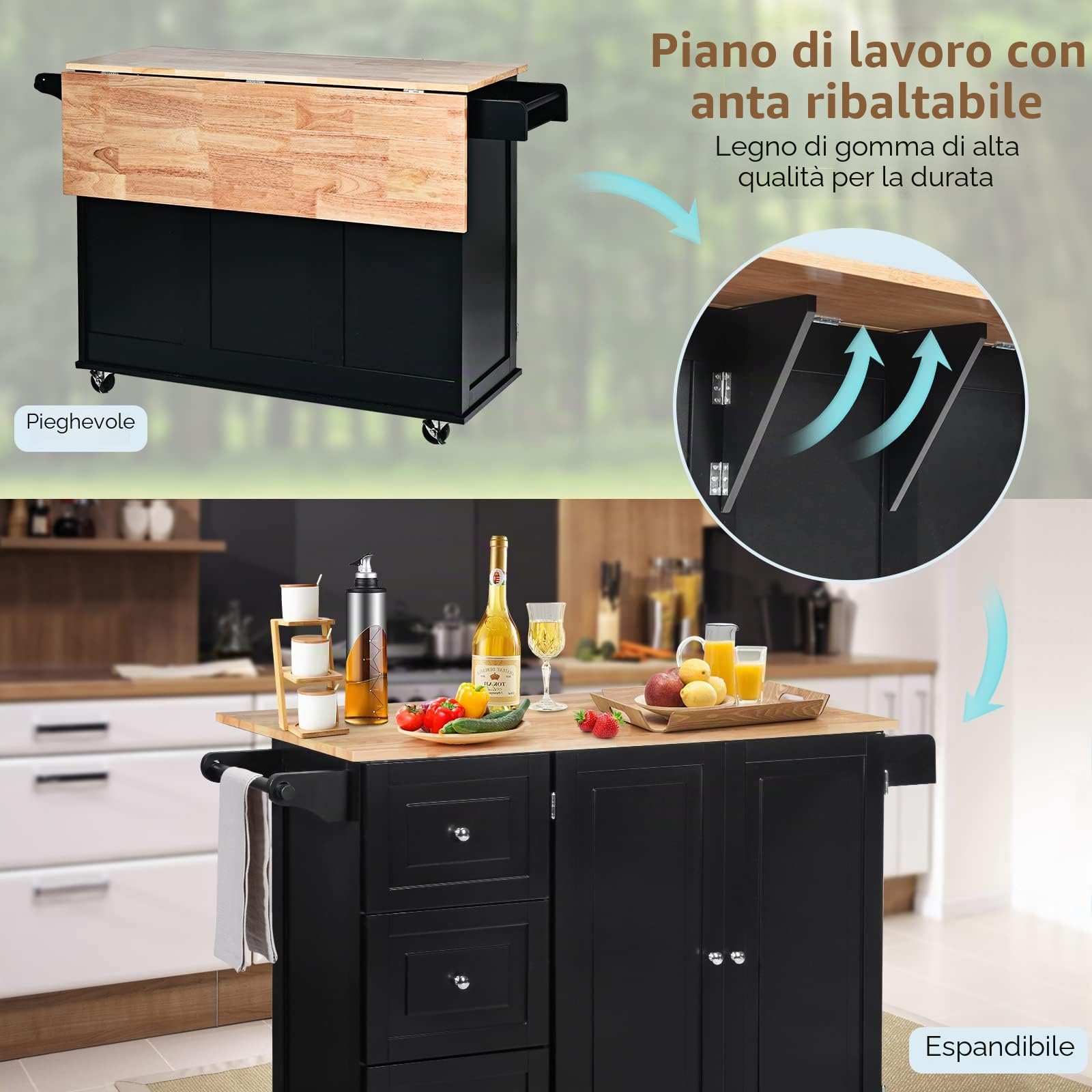 GIANTEX Carrello da Cucina, Credenza Mobile Salvaspazio, Ruote con 2 Freni, Piano Pieghevole, 2 Ripiani Regolabili, 3 Cassetti, 2 Ante, Portaspezie e Portasciugamano, 111x76x91 cm, Nero