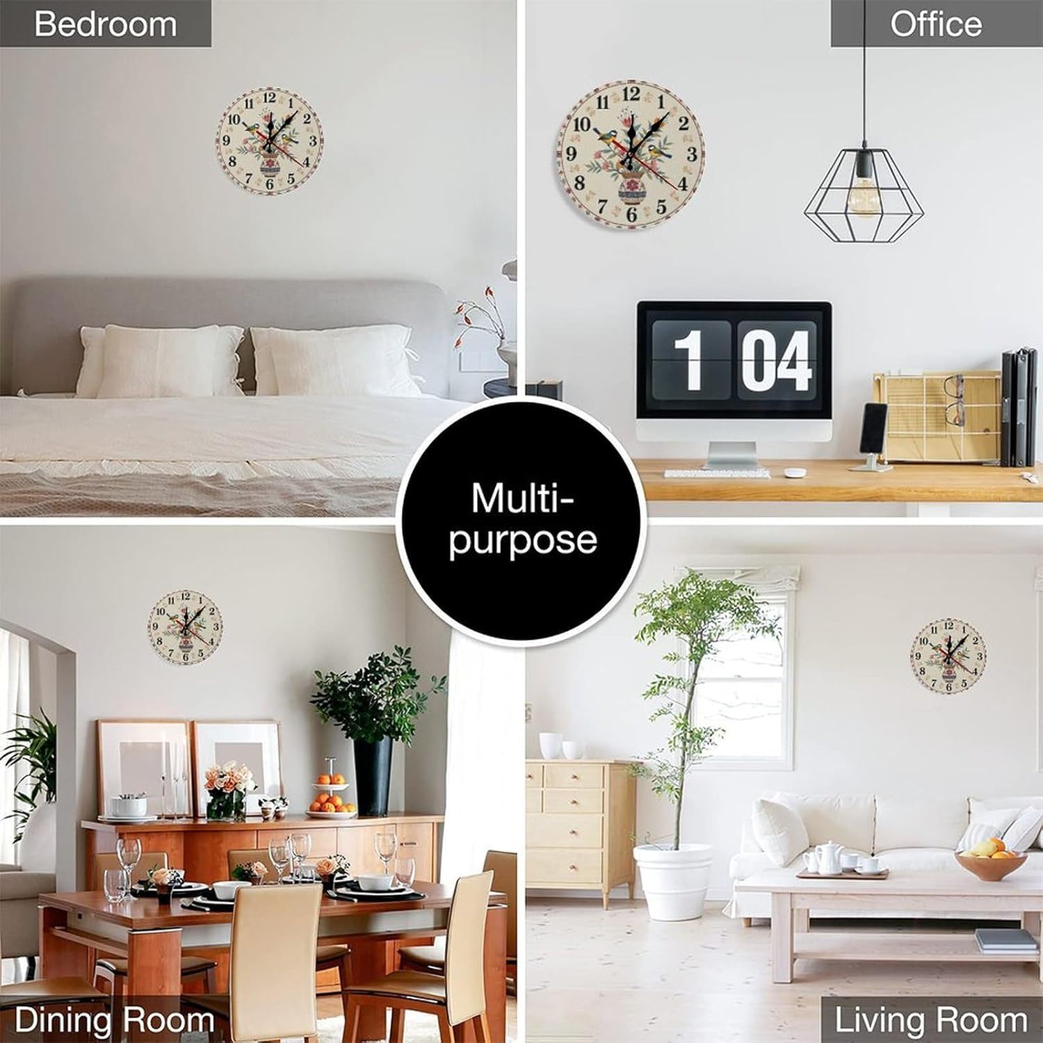 Floral Clock Birds Perched on Vase 12 Inch Silent Wall Clock, Frameless Wooden Round Clock with Quartz Movement for Bathroom, Kitchen, Living Room, Bedroom
