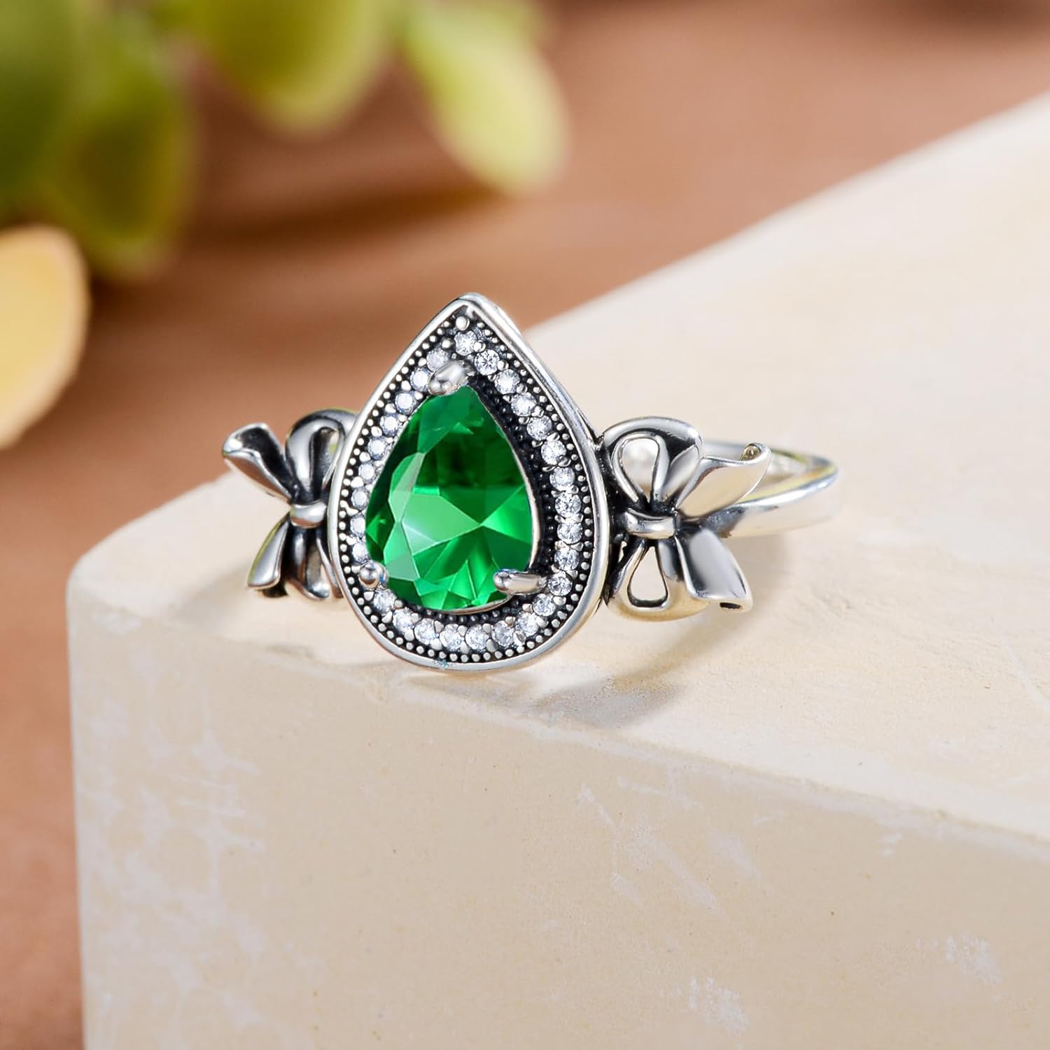 Vintage Green Emerald with Bow Statement Ring 925 Sterling Silver May Birthstone Jewelry for Women - Image 3