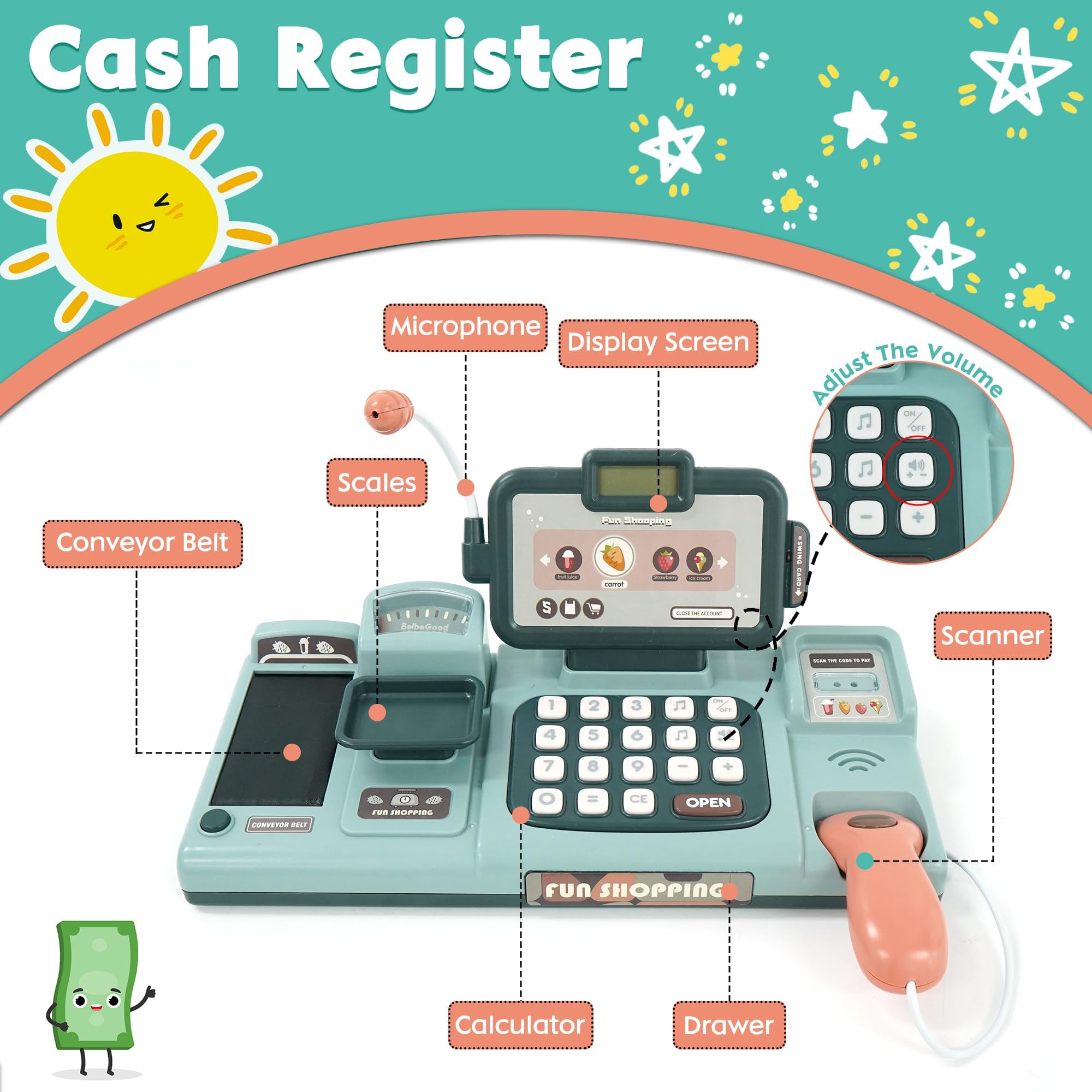 Caja Registradora Juguetes, Comida Juguetes con Calculadora Micrófono, Sonido, Comida, Calculadora, Escáner, Cesta, Tienda Supermercado Regalo para Niñas Niños 3 + Años, Verde