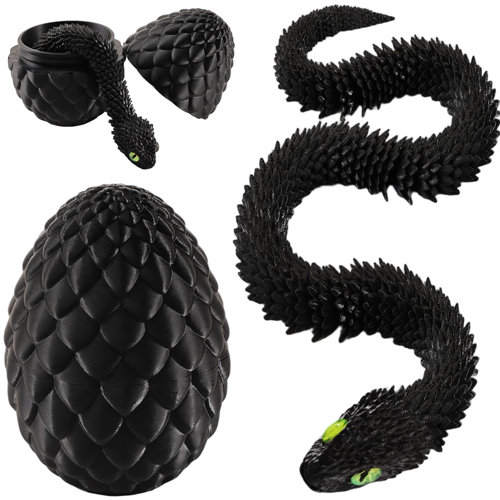Joycabin Serpente Giocattolo 3D Stampato, Uovo di Drago 3D Stampato Pasqua, Uova di Serpente, Animali 3D Stampati Giocattolo per Bambini Regali, Decorazione da Scrivania e Casa (45cm/Nero)