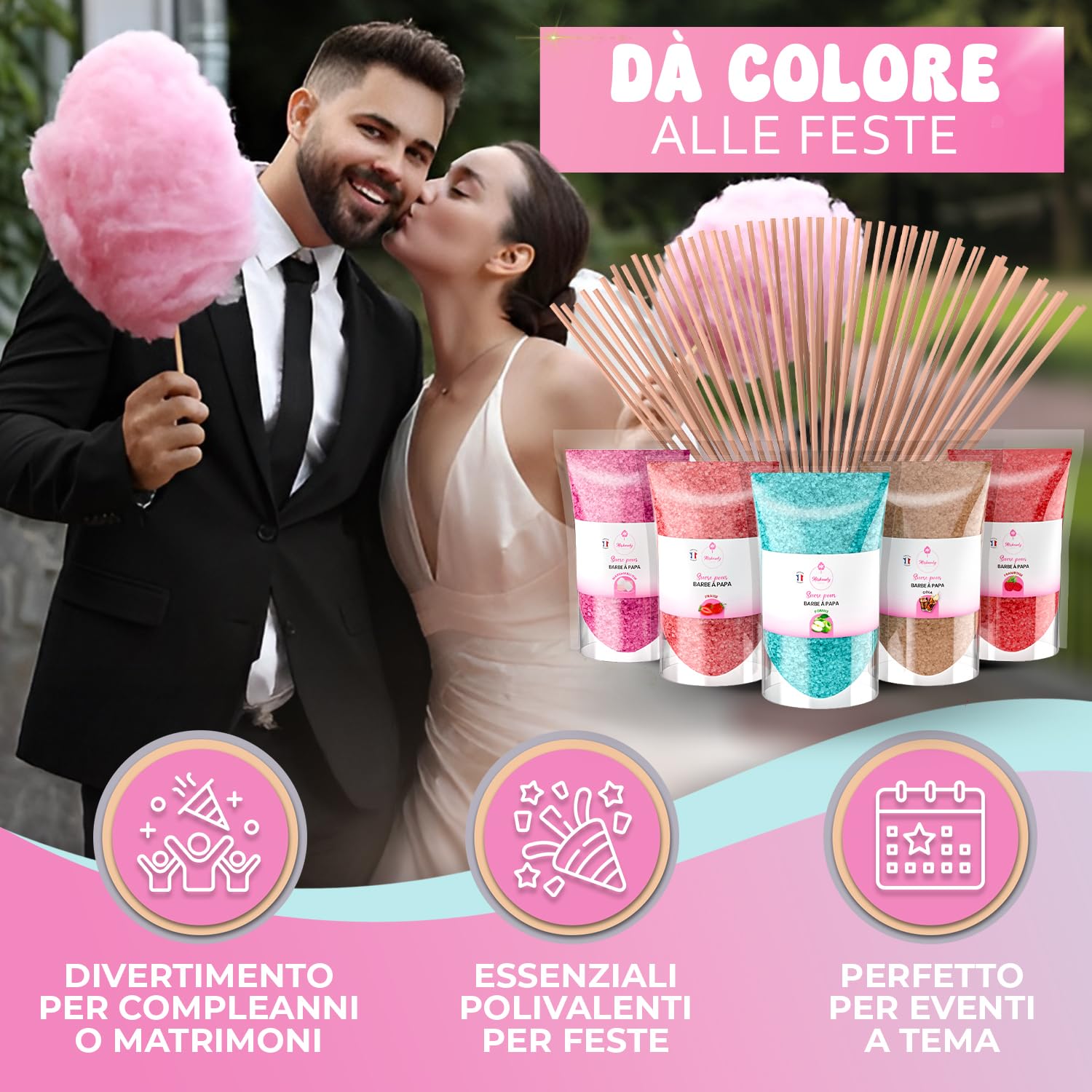 Misskandy® Zucchero per Zucchero Filato (5x160 gr) - Set di 5 Gusti (Fragola/Cola/Mela/Marshmallow/Lampone) - Aromi e Colori Naturali - 20 Bastoncini - MADE IN FRANCE