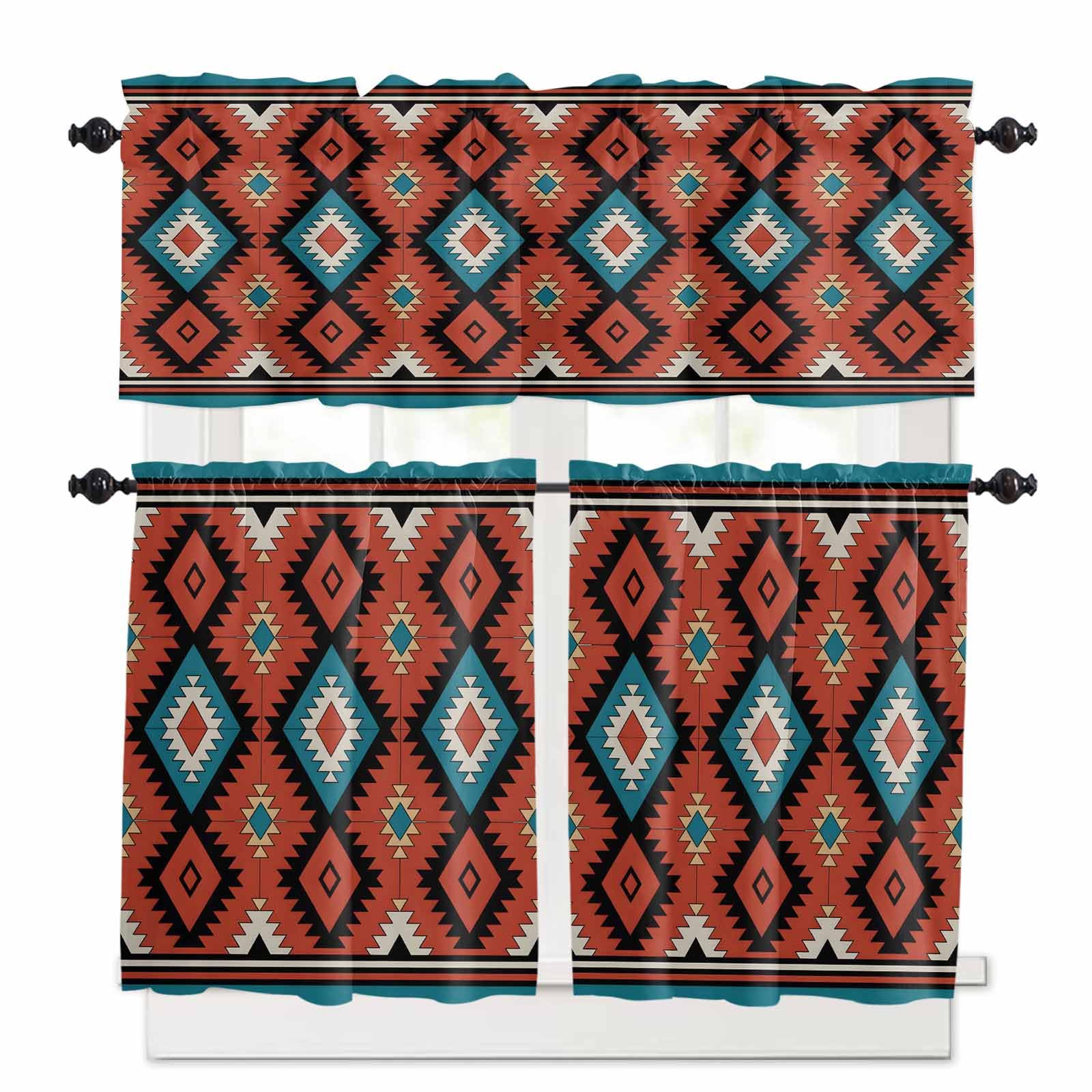Aztec Southwest Kitchen Curtains 36 Inch Length, 3 Piece Rod Pocket Small Half Tiers and Valance Set, Red Black Geometric Classic Art Small Large Window Treatment Decor for Bedroom/Bathroom Sink