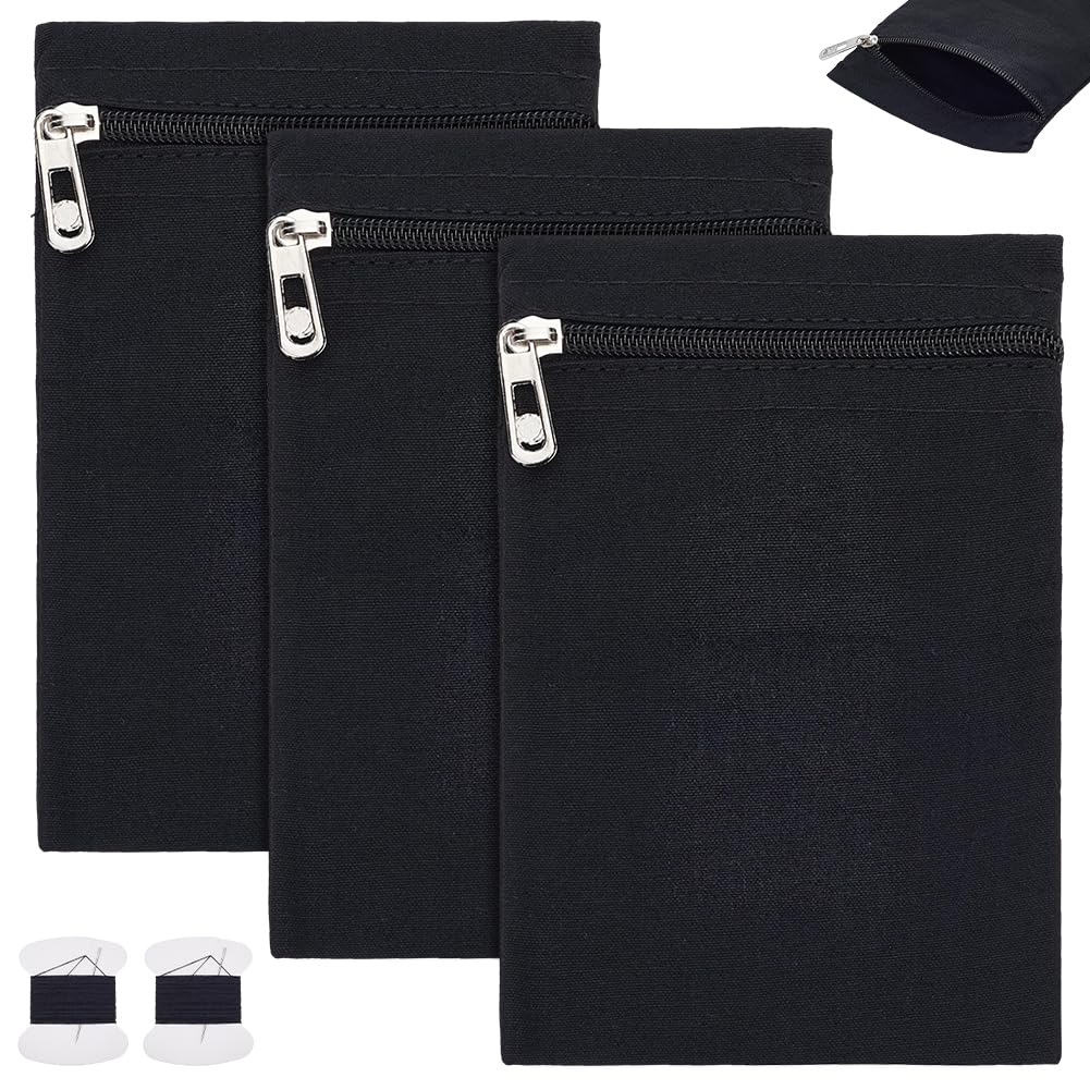 PLIGREAT 3 Pcs Black Sew-in Side Pocket with Zipper, Coat Inside Pockets Canvas Hidden Wallet Sew in Pockets for Travel Outdoor Daily Wear Clothing Coats Sweat Shirts Jacket