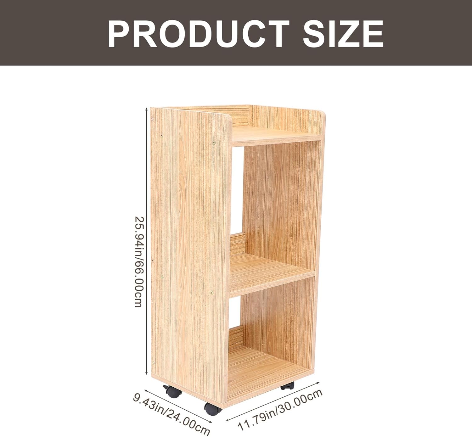 Natural Rubber Wood Rolling Storage Shelf with Multi-Directional Wheels, 30x24x66cm Mobile Organizer Rack for Home Sundries and Decorative Display