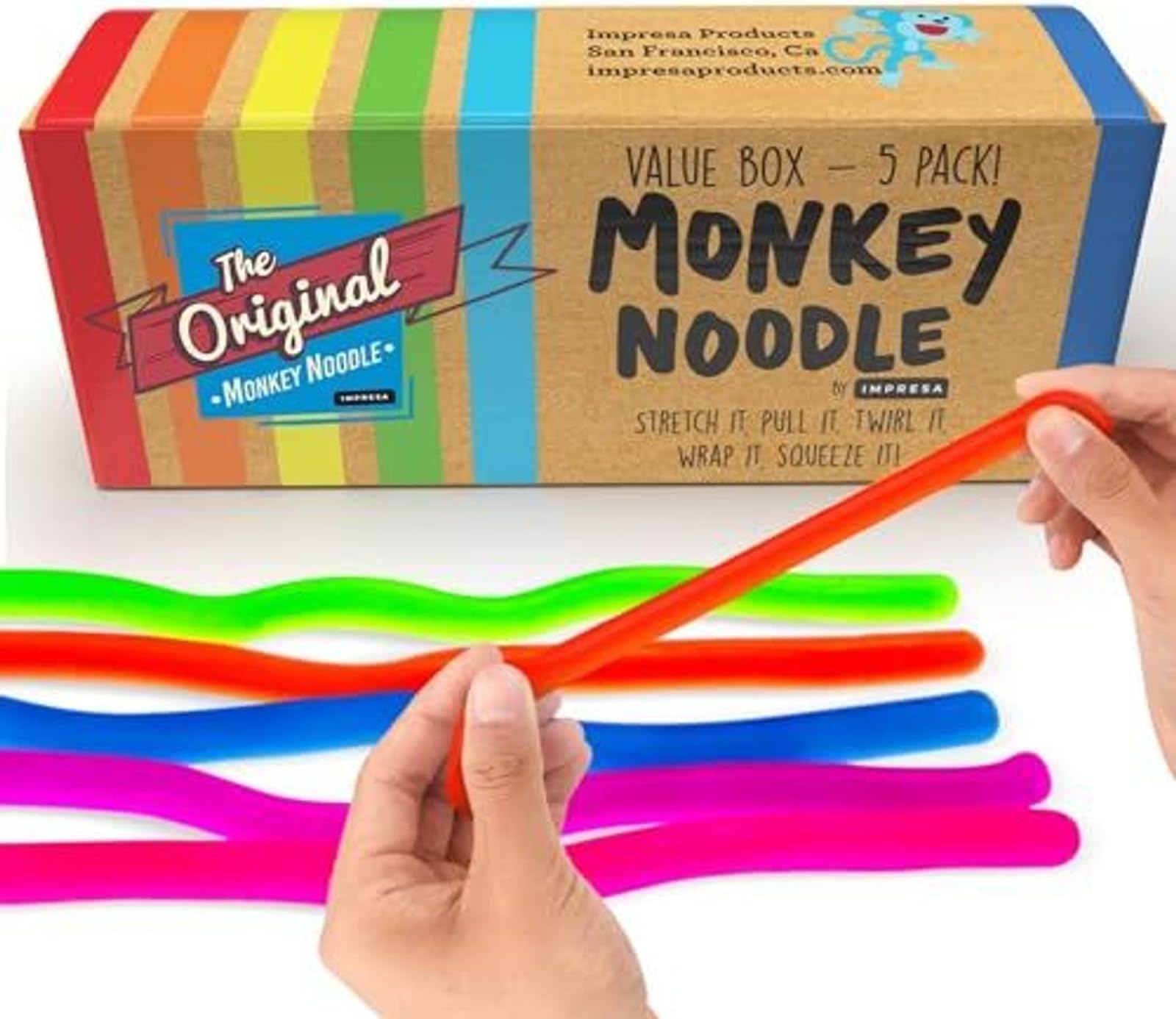 - IMPRESA Monkey Noodles Fidget Toys for Focus & Calm - Multicolor, 12 x 3 x 0.75 in - 5 Pack Sensory Stretchy String Fidgets for Kids & Toddlers 3+