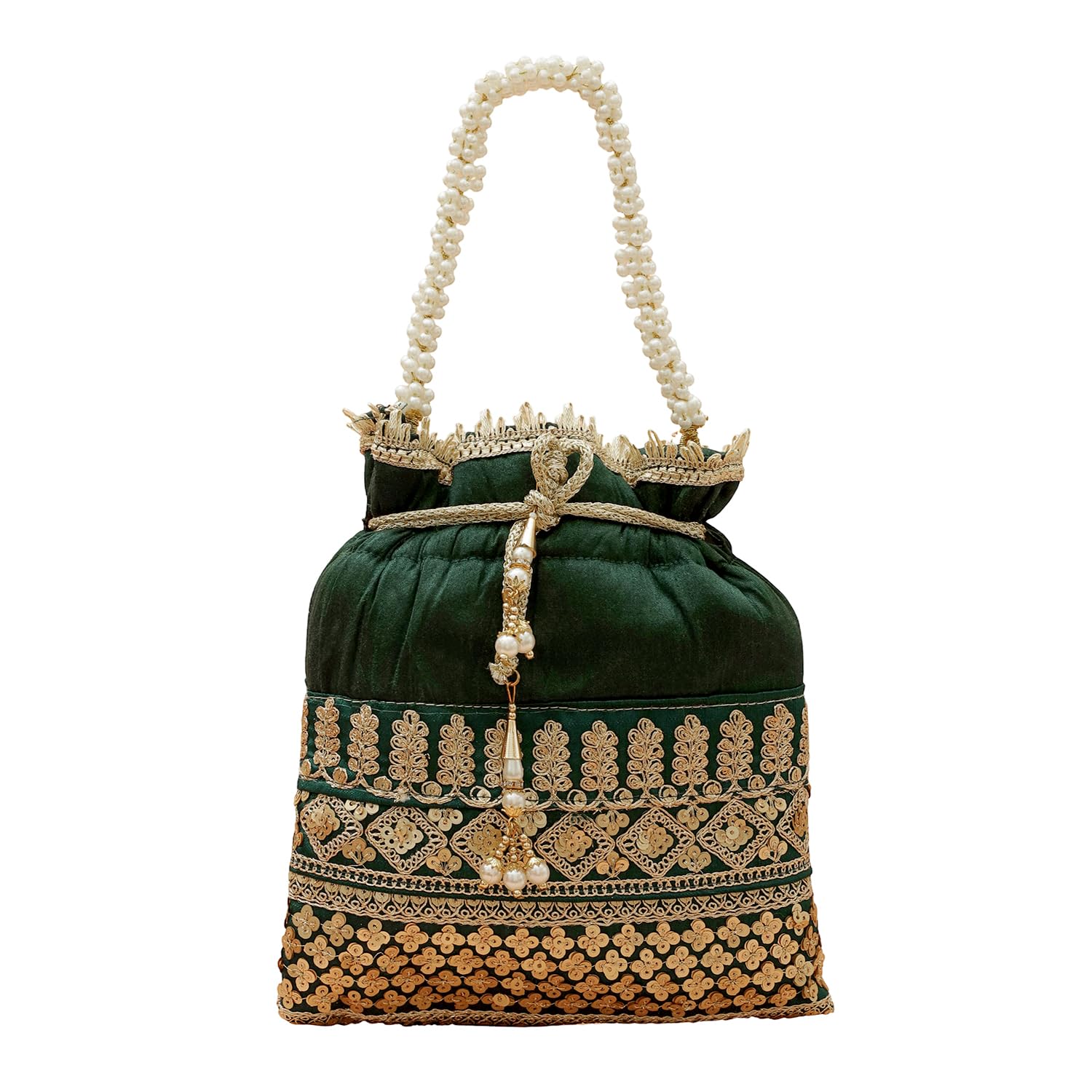 Dark Green & Gold Embroidered Ethnic Potli Bag with Pearl Beaded Handle Golden Tassel Wedding Party Festival Gift for Women & Girls-image-39
