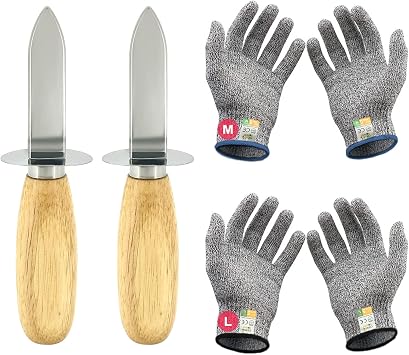 MYBMHTNB Oyster Shucking Knife Set of 2 Stainless Steel Oyster Knifes and 2 Pairs Level 5 Cut-Resistant Gloves,Oyster Knives Suitable for All Kinds of Shells and Oysters Shucking