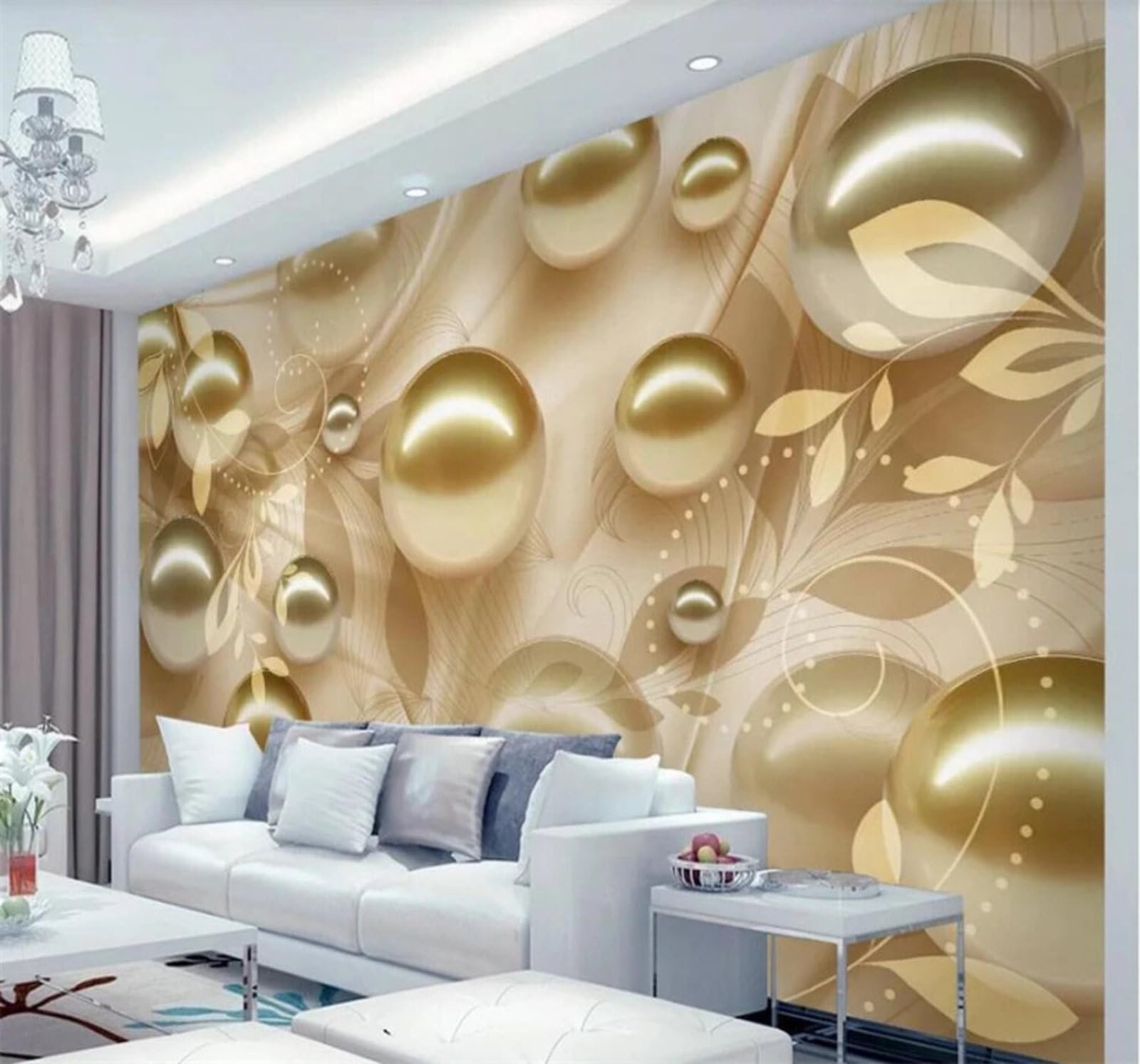 Three Dimensional Gold Pearls Beautiful Pattern 3D Wallpaper Easy Install Feature Office Living Room Sofa Bedroom TV Background Wall Decoration-350cm×256cm