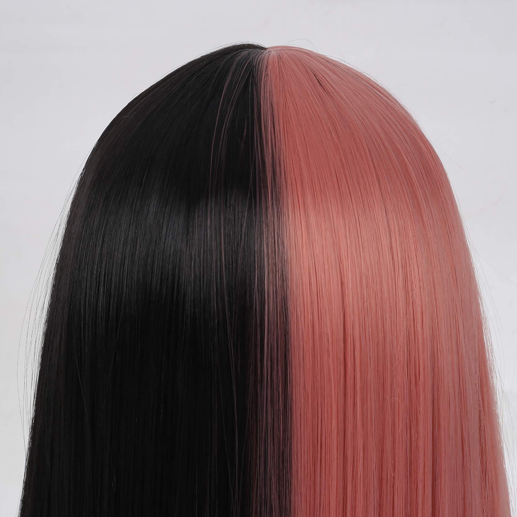 Swiking Lolita Wig - Half Pink, Half Black, Long Straight Cosplay Wig With Bangs, Natural Synthetic Hair