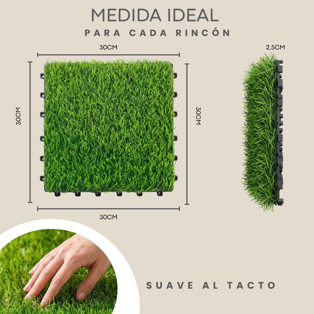 Losetas Jardin Exterior de Césped Artificial 30x30cm (Pack 10) – Cesped Para Jardín, Terraza y Patio – Suelo Verde con Drenaje e Instalación Fácil Para Balcón, Piscina y Espacios Al Aire Libre