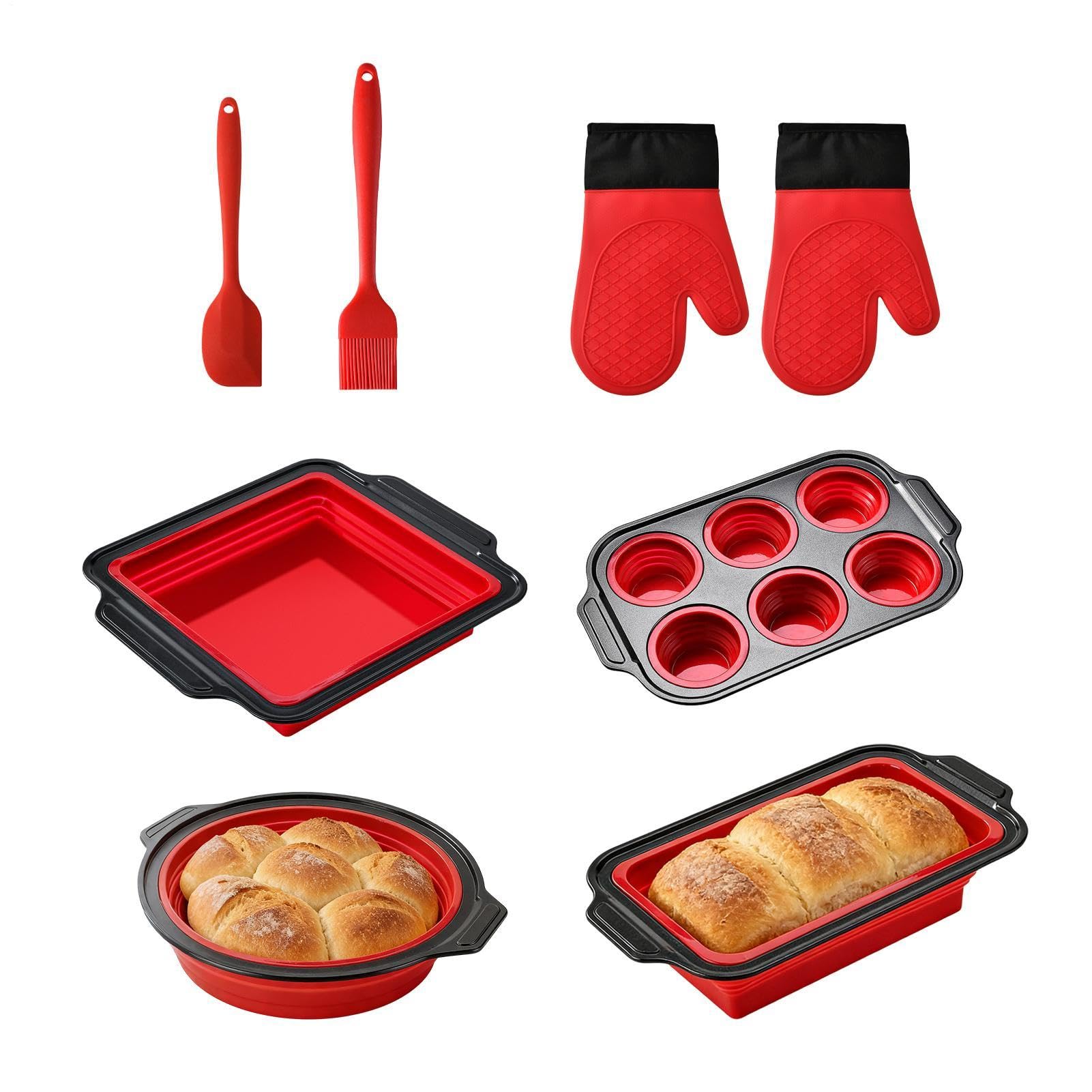 Generisch Silikon-Backformen Set Stapelbares Backblech | mit Topflappen, Schaber & Pinsel – spülmaschinengeeignet für Brot, Kekse, Eier, Toaster, Backofen & Küche
