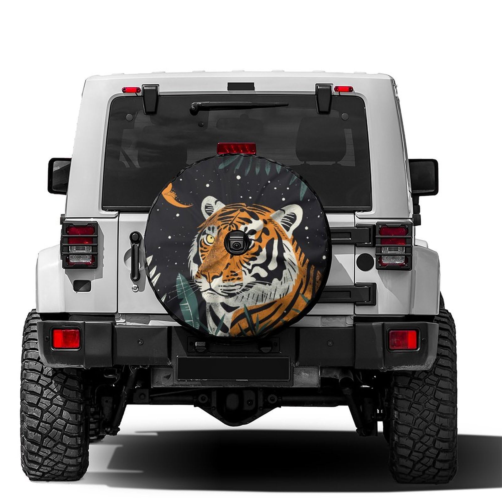 Dujiea Tiger with Moon Spare Tire Cover with Backup Camera Hole, Universal Wheel Tire Cover Tire Protectors for Trailer RV Van SUV Truck Camper and Many Vehicle 15inch