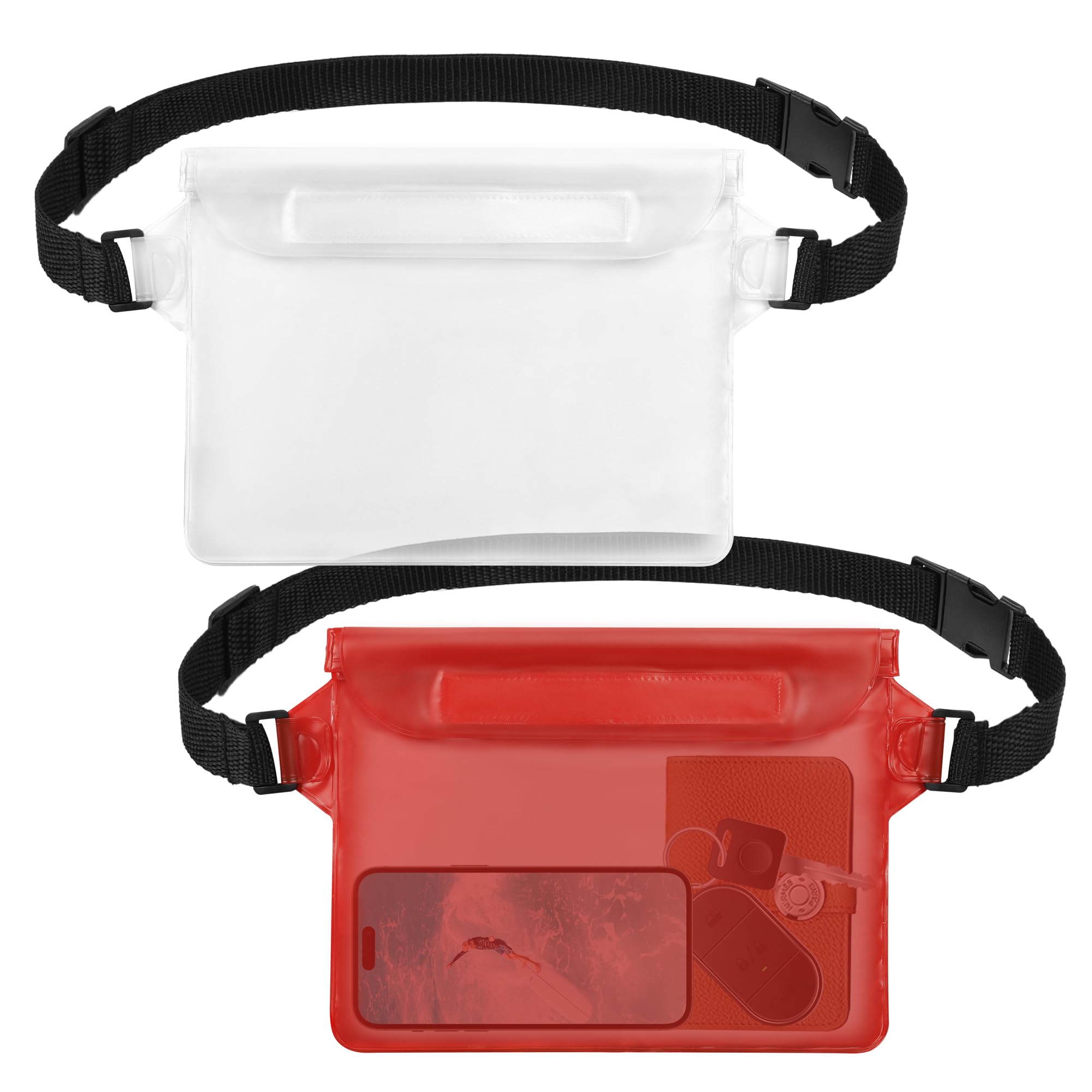 jealkip 2-Pack Waterproof Pouch with Adjustable Waist Strap, Waterproof Dry Bag, Keeps Cell Phones and Valuables Safe and Dry, Perfect for Kayaking, Beach, Camping and Swimming (Red + White)