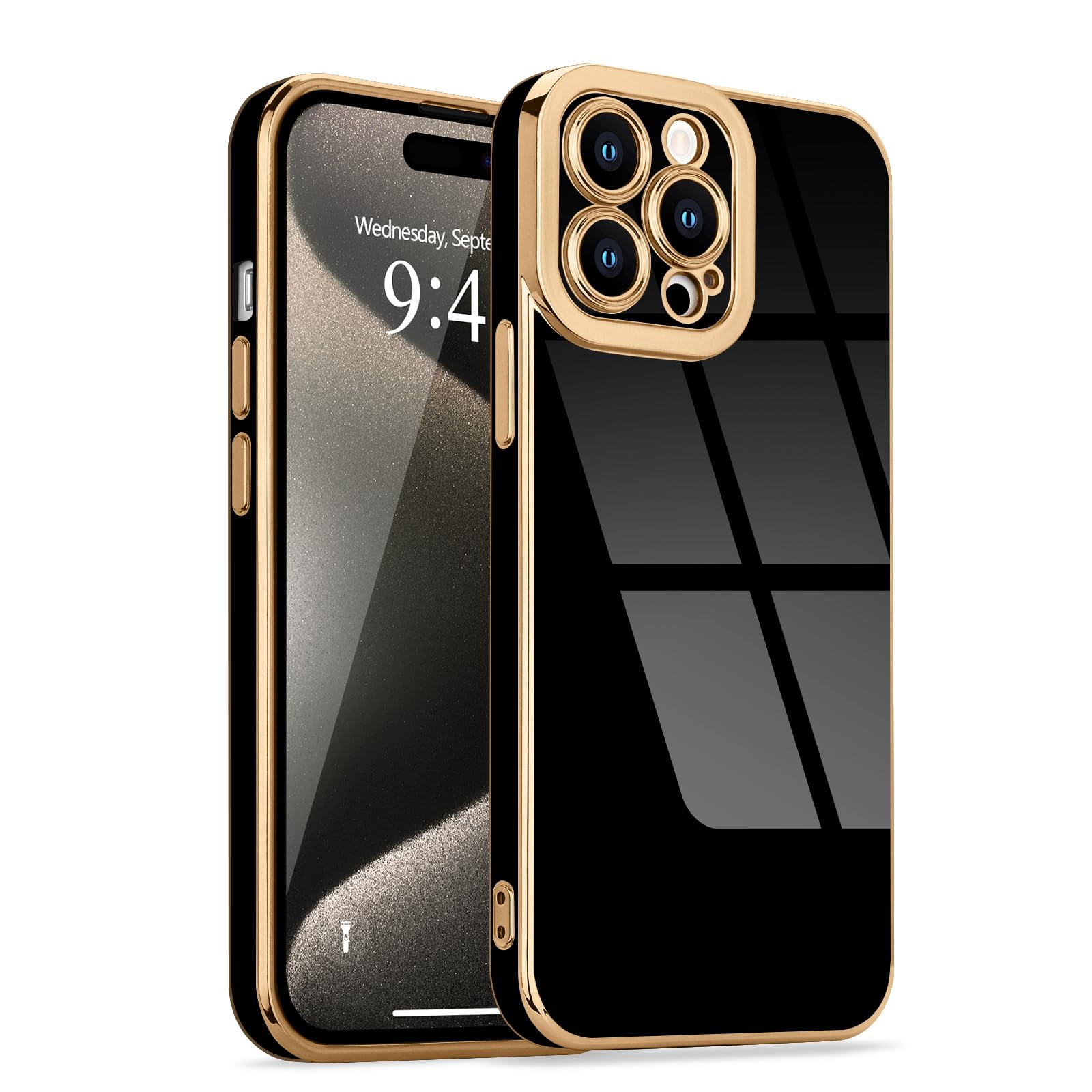 Lafunda Designed for iPhone 15 Pro Case Cute, Luxury Plating for Women Girls Elegant Gold Edge TPU Bumper Cover with Camera Protection Shockproof