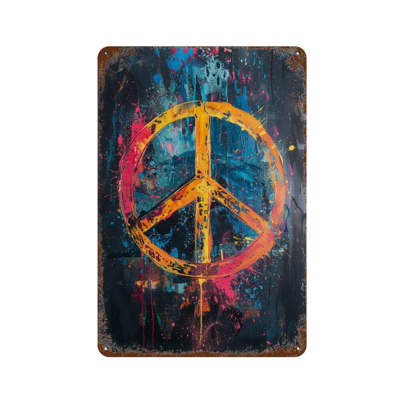Colorful Peace Symbol Art Print 11.8"x7.9" Rust Effect Tin Sign, Vintage Wall Decor for Farmhouse, Kitchen And Entryway Decor