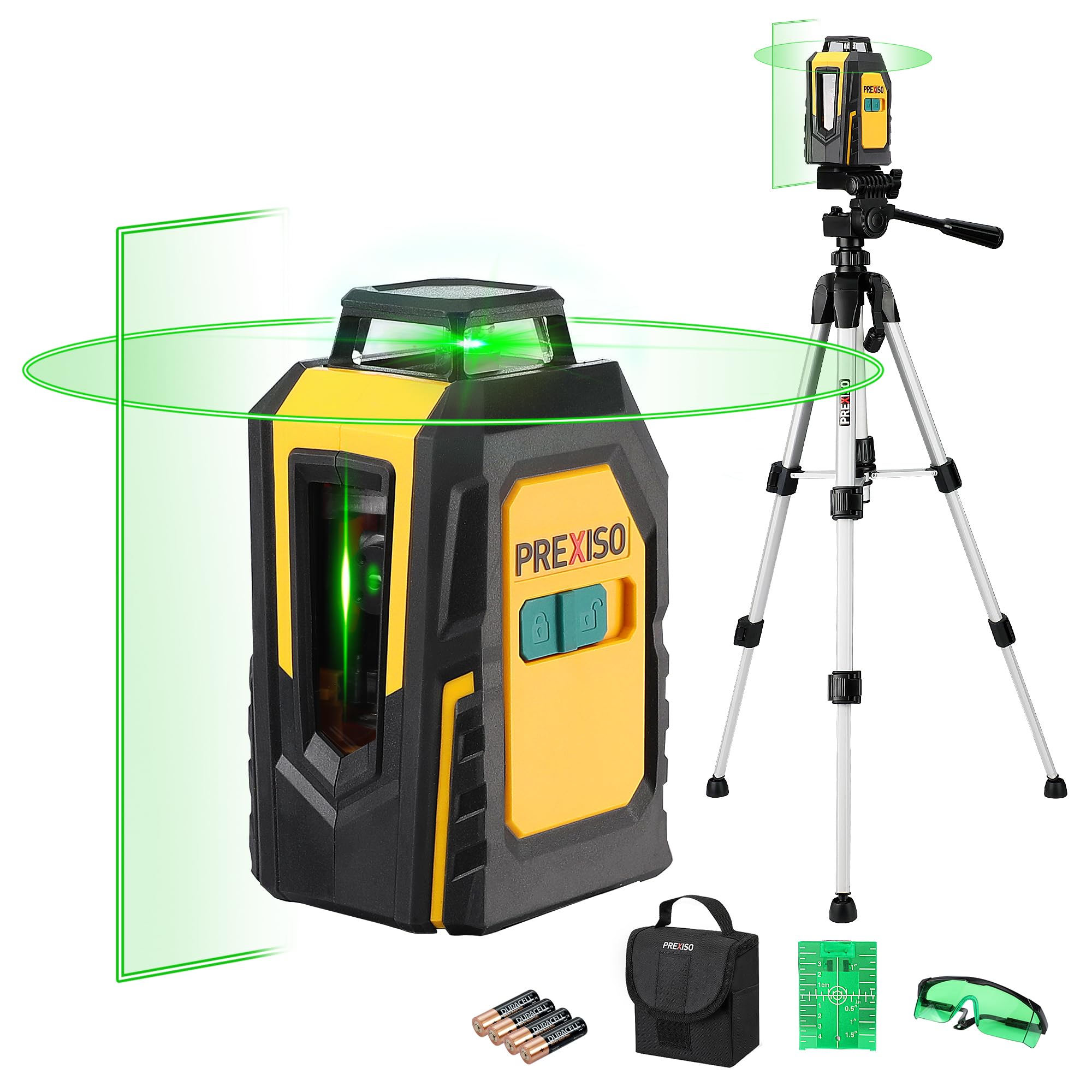 PREXISO Laser Level with Tripod, 30M Self Leveling Line Laser with Horizontal & Vertical Green Lines, Green Cross Line for Ceiling Tiling Construction, with Target Plate, Green Glasses, Carry Bag