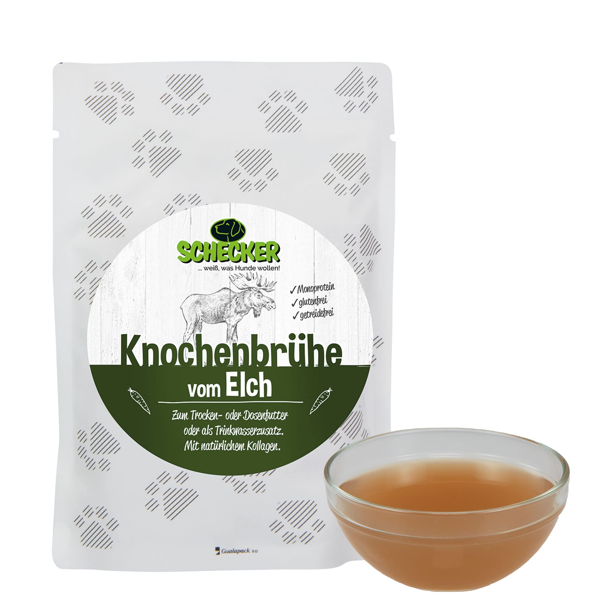Schecker Hundefutter - Knochenbrühe für Hunde Elch - Futtertopping für Hunde - 12x100ml - Brühe einfach über das Hundefutter gießen