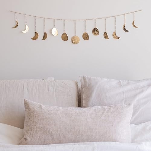 BASE ROOTS Moon Phase, Gold Wall Decor for Bedroom & Living Room, Bohemian Wall Decor, Handmade Hammered Metal 36" 13 Phases Moon, Celestial Wall Art, Gift for Women & Kids - Gold Garland