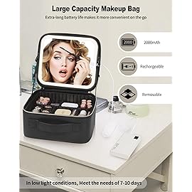 TANTO Makeup Bag With LED Mirror, Travel Makeup Case with Light up Mirror Large Cosmetic Case with 3 Color Lighted Portable Organizer Bag with Adjustable DividersBlack