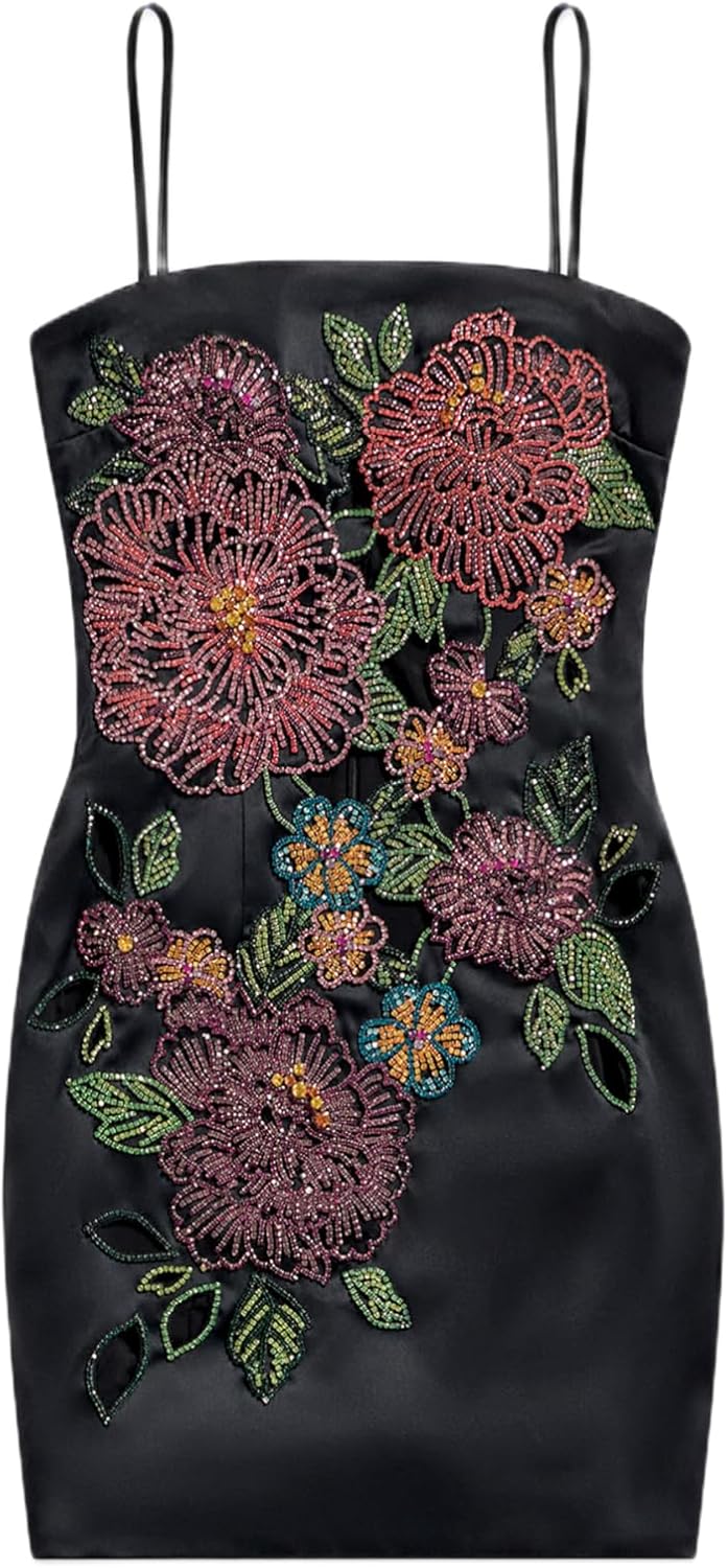 AREA Embroidered Crystal Flower Mini Dress