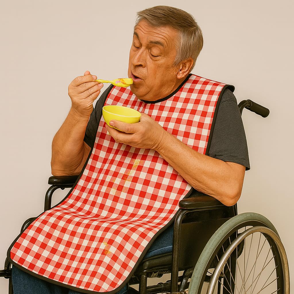 MAKSTILE Adult Bib| Extra-Long Adult Dining Bib for Elderly–2-Layer Absorbent Cotton & Waterproof Backing, Washable Reusable Clothing Protector for Senior Citizens, Disabled & Bedridden - Red - Image 5 thumbnail