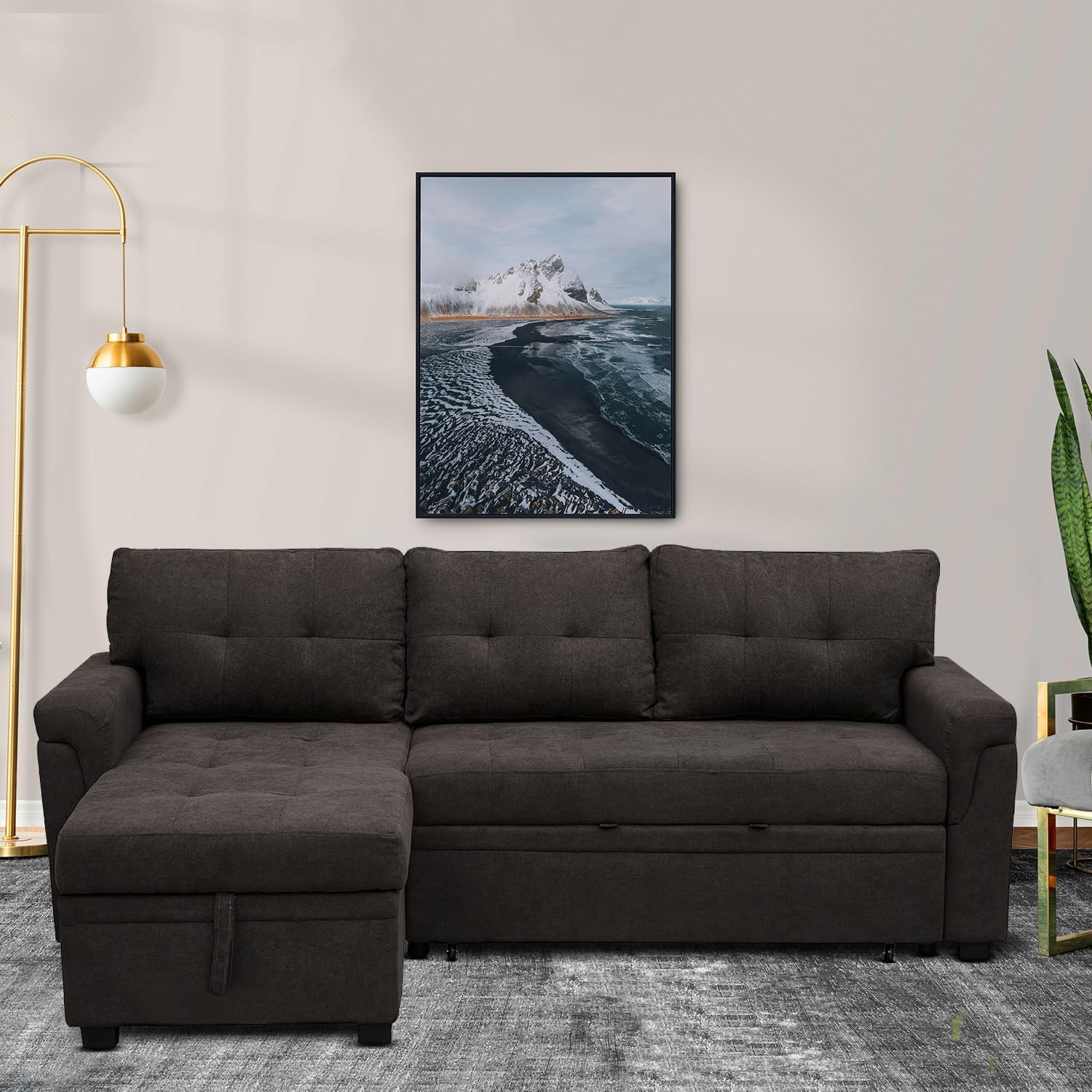 85 in. Convertible Sofa with Storage, Reversible L Shape Sofa Couch with Chaise, Comfy Sectional Couches for Living Room, Cream - Espresso,Velvet