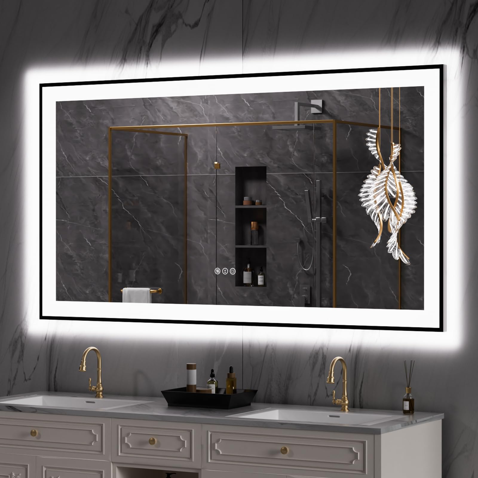 LOAAO 55"X30" LED Bathroom Mirror Black Framed