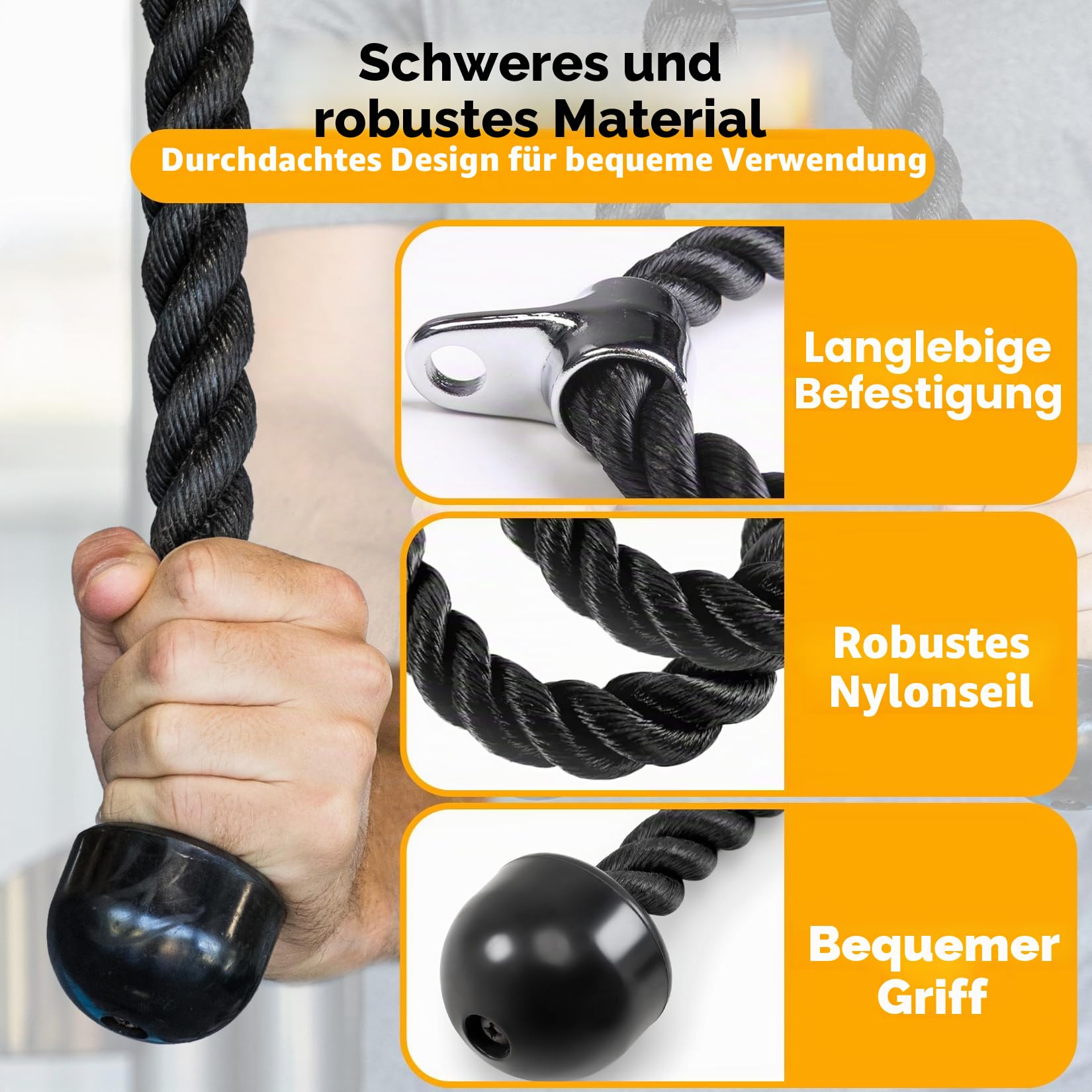 GymPin Doppeltes Trizeps-Zugseil – 140 cm Befestigung für Kabelmaschine – strapazierfähiges, langes Trizeps-Zugseil – 1,2 m, 1,8 cm