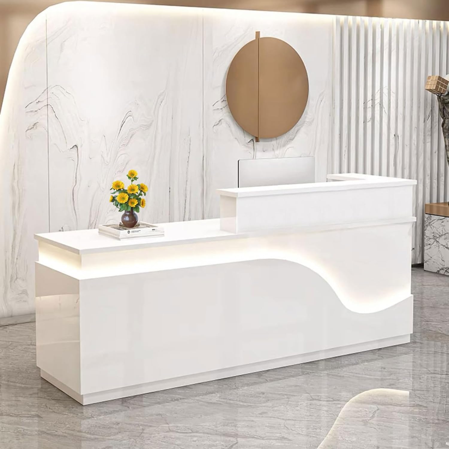 Reception Desk with Counter, Front Desk Receptionist Counter with Cabinet & Cable Grommet, Retail Checkout for Office, SOHO, Shop, Salon (White,63inch-Left)