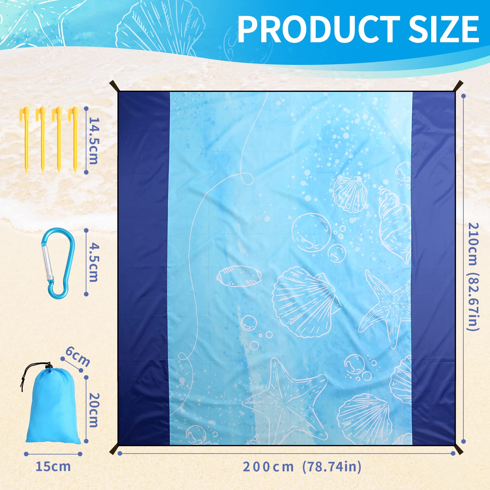 Tapis de Plage Anti-Sable 210 x 200 cm, Couverture Portable Avec 4 Piquets, Résistante Pour Camping, Plage, Randonnée - Bleu