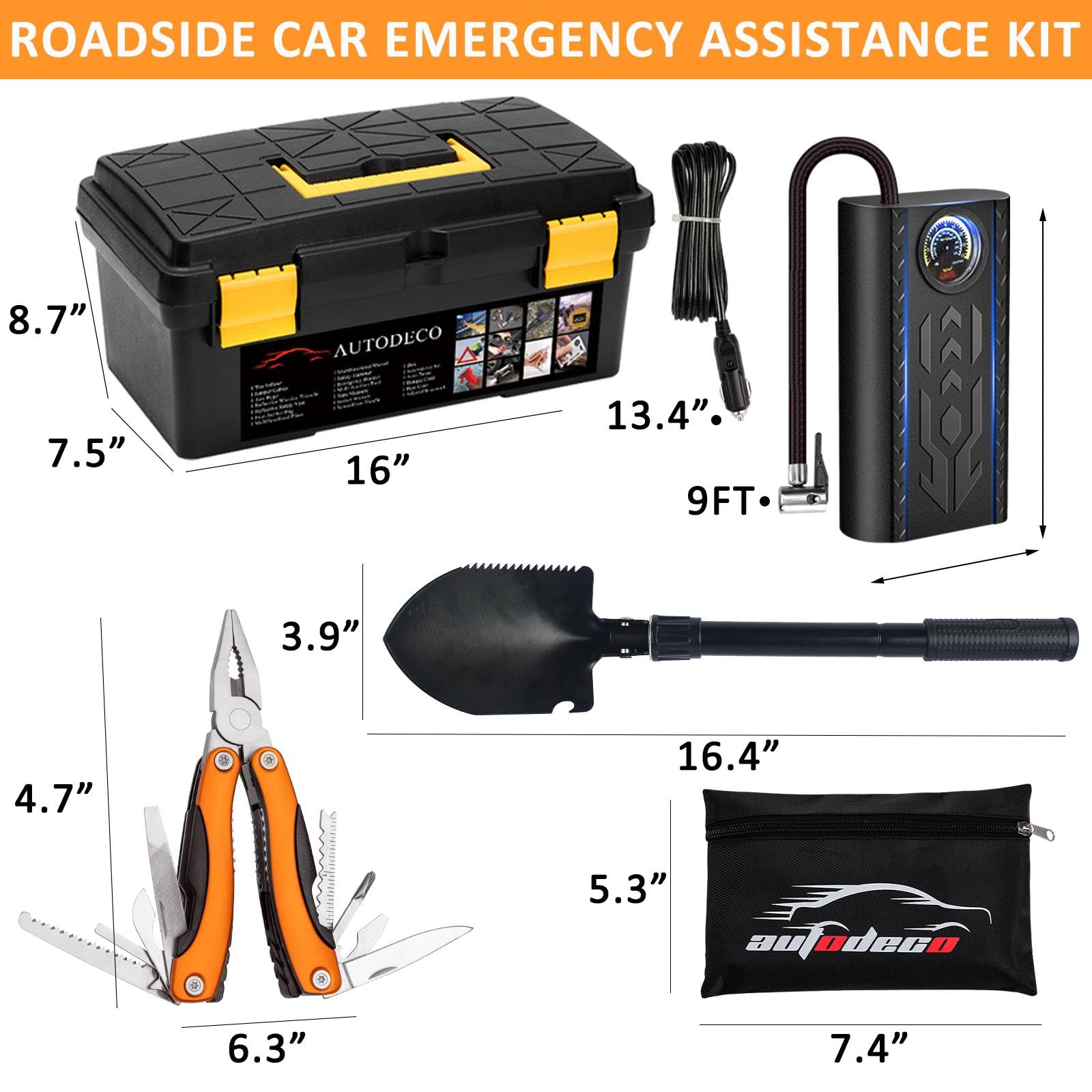 AUTODECO 98 PCS Roadside Car Emergency Assistance Kit with Portable Air Compressor Jumper Cables Safety Hammer All in One Pliers Tool Set（Orange）