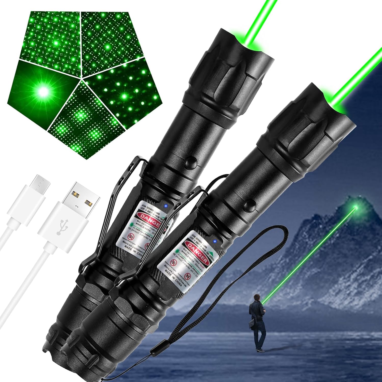[2 Packs] Green Light Flashlight, Long Range Rechargeable Tactical Flashlights with Star Cap Adjustable Focus, for Outdoor Use, TV/LED/LCD Screens, Astronomy, Camping and Presentations