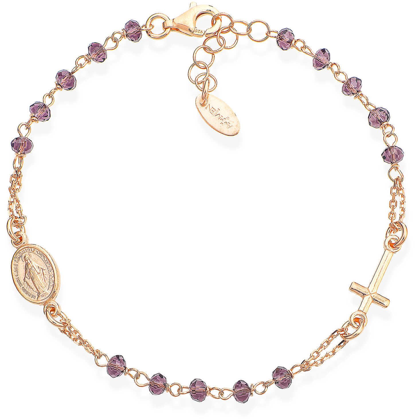 Amen Bracciale da Donna Collezione rosari. Bracciale Rosario in Argento 925 di Colore rosè e Cristalli Vinaccia. Lunghezza 18+2cm e grani del Diametro di 3mm. La referenza è brorl3