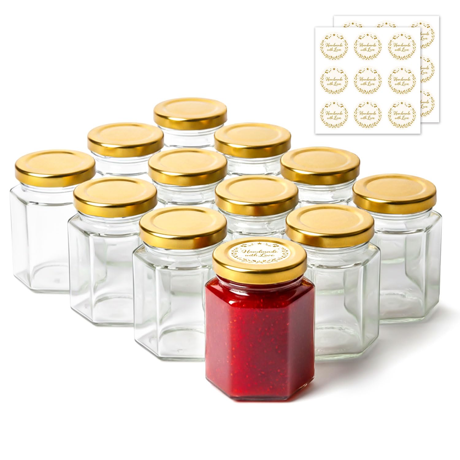 ComSaf Jam Jars with Lids 120ml 12 Pack, Hexagonal Small Glass Jars with Gold Lids, Mini Honey Jars for Wedding Favours, Preserving Jars for Homemade Jam, Chutney, Ready-to-Gift Set with Gift Labels