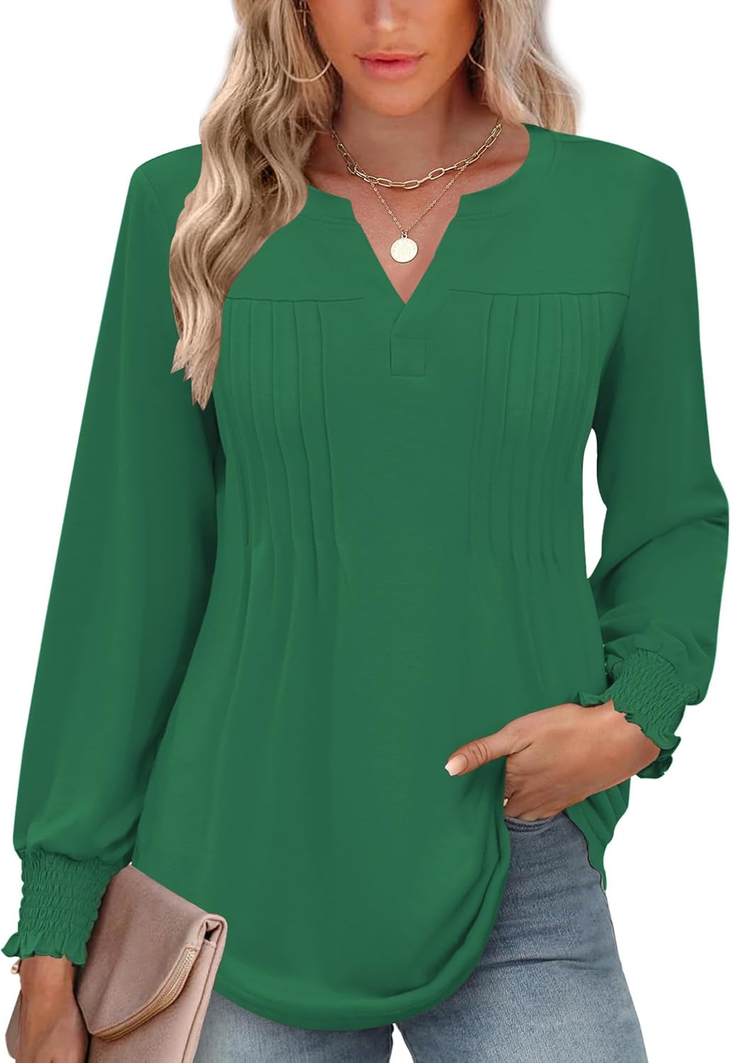Ivicoer Long Sleeve Shirts for Women V Neck Pleated Blouses for Women Dressy Casual Fall Ladies Top 2025 - Image 3