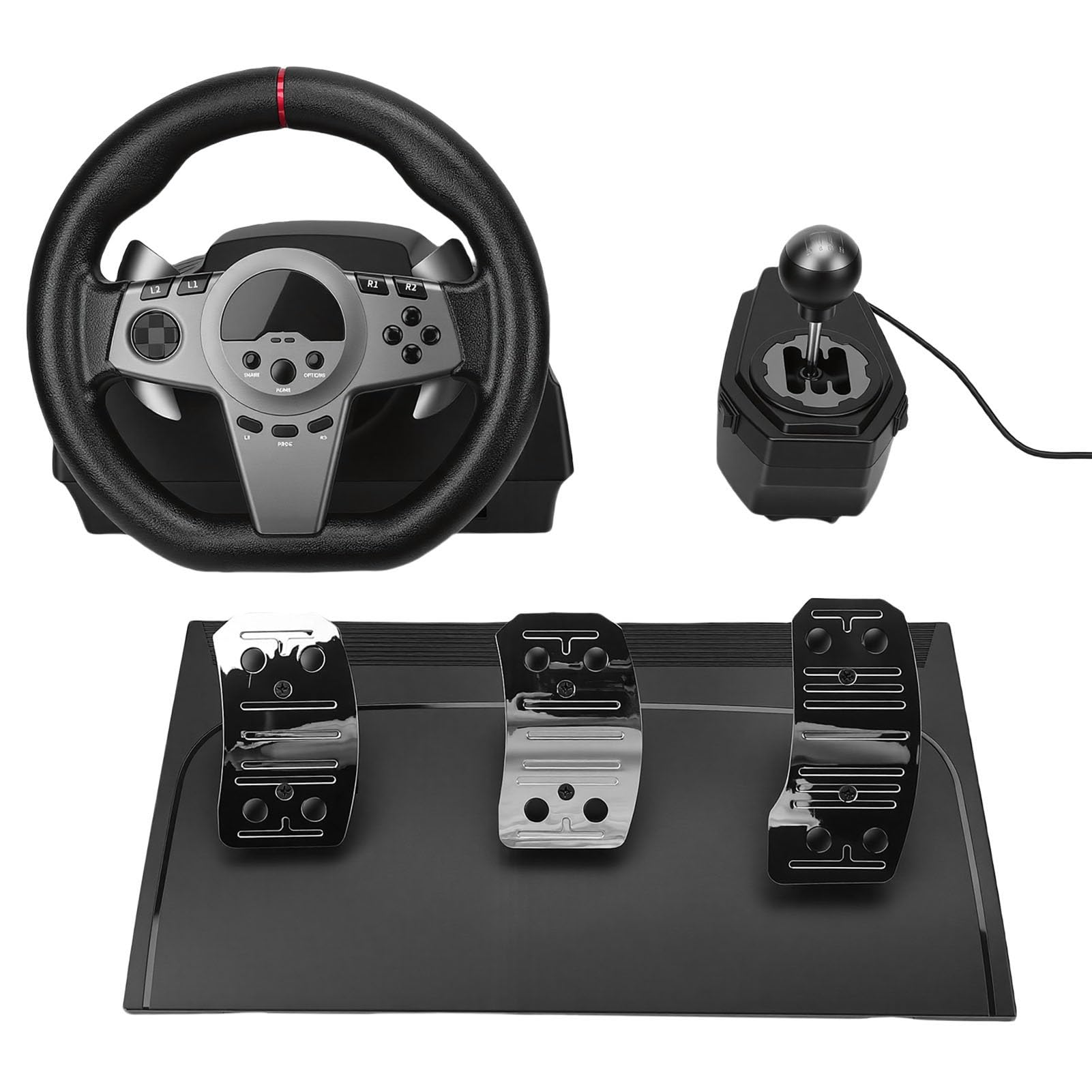 Zunate Pedales de Piso y Volante de Carreras, Rotación de Dirección de 270° con Pedales de Inducción Lineal Hall y Palanca de Cambios Manual, para Computadora PC, Interruptores,