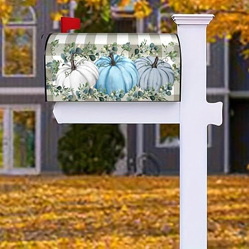 Miniatura 7 de Cubierta magnética para buzón de otoño, hojas de calabaza azules, a cuadros, para jardín, patio, decoración del hogar, tamaño estándar, 21 x 18