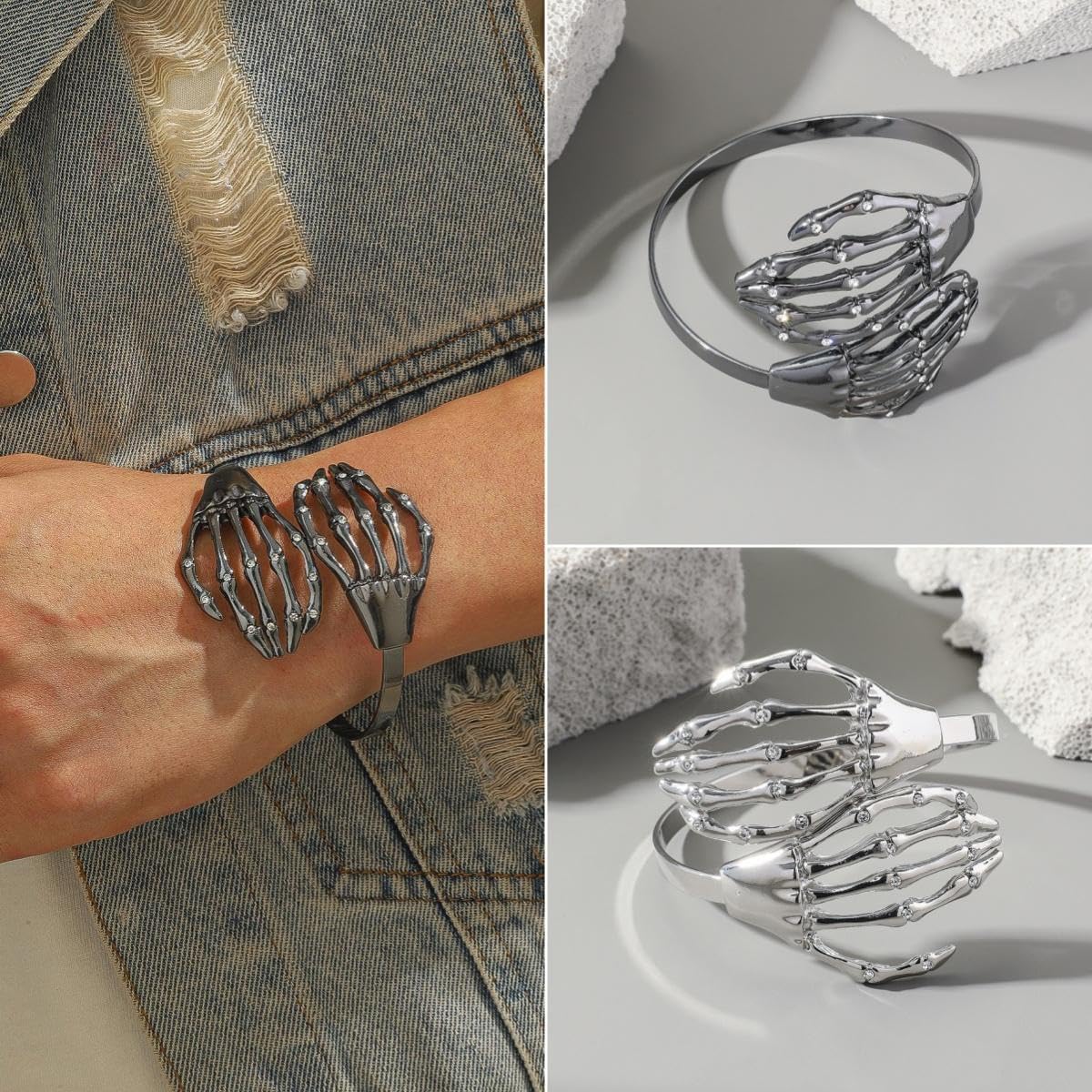 Skeleton Hand Halloween Bangle Cuff Bracelet for Women Men Cubic Zirconia Crystal Skull Adjustable Open Cuffs Wrap Wrist Bracelets Punk Holiday Festive Party Jewelry Gifts for Mother Custome Accessory - Image 4