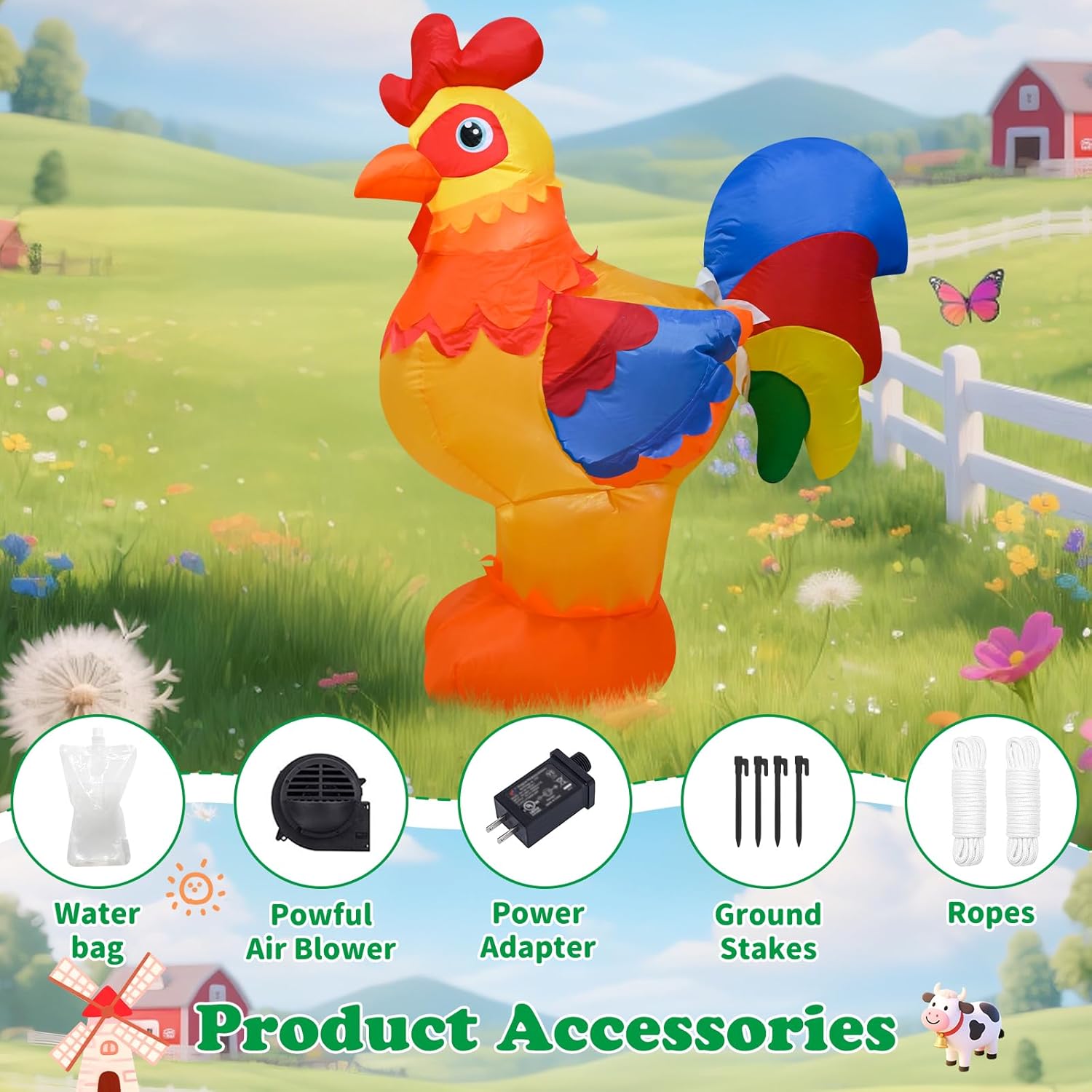 4FT Inflatables Christmas Spring Farm Ranch Blow up Animals Cute Rooster Decorations with LED Light Indoor Outdoor Yard Graden Party Lawn Holiday Decor