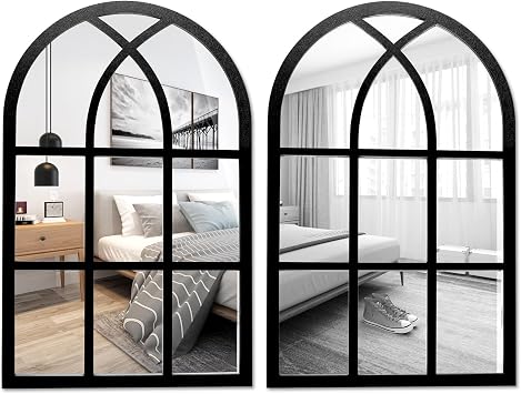 2Pcs Window Wall Mirror for Wall Decor Vintage Rustic Arched Wall Mirror Decorative Windowpane Mirror Acrylic Mirror Wall Decor with Wood Frame for Living Room Bathroom Bedroom Kitchen 27x42cm