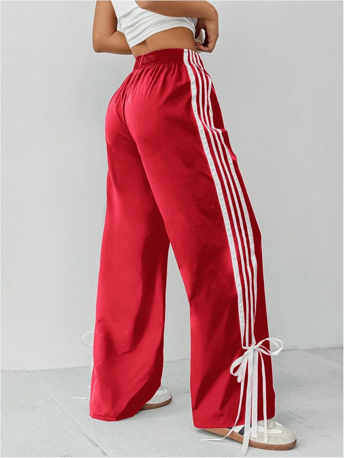 WDIRARA Women's Petite Side Striped Bowknot Track Pants Elastic Waist Wide Leg Baggy Sweatpants Streetwear - Image 3