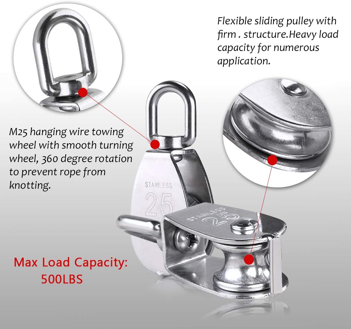 2pcs M25 Single Pulley Block with 3pcs Spring Snap Hook Carabiner, Heavy Duty 304 Stainless Steel Pulley Roller & 3'' Spring snap Hooks, Pully Crane Swivel Hook Wire Rope Cable Loading 331lbs/150 kg