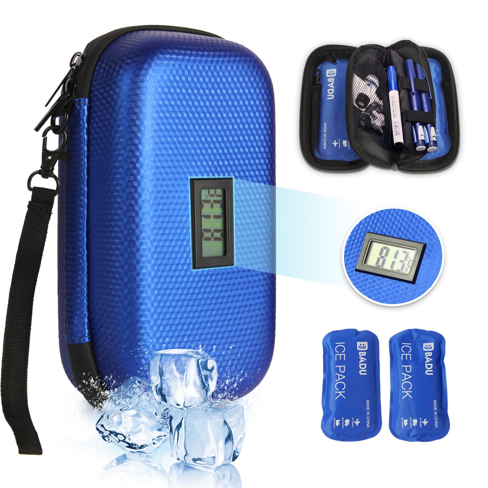 Insulinkühler Reisekoffer TSA genehmigte Medikament Diabetischer Kühler für Reisen mit Thermometer Temperaturanzeige Kühler Medizin Organizer Tasche mit 2-Eis-Pack (blau)